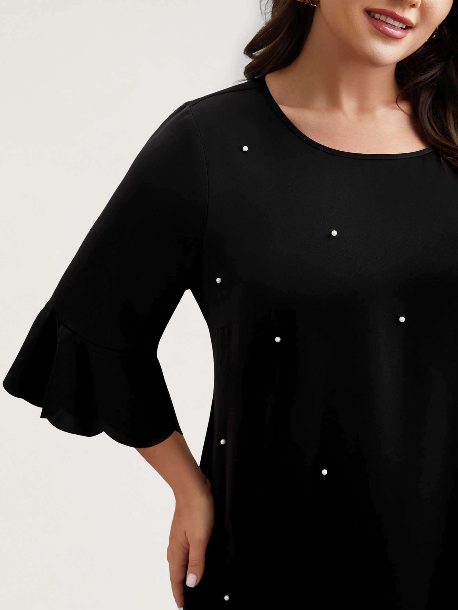 

Plus Size Black Beads Embellished Scalloped Hem Shirt Women Elegant Elbow-length sleeve Round Neck Everyday Blouses BloomChic