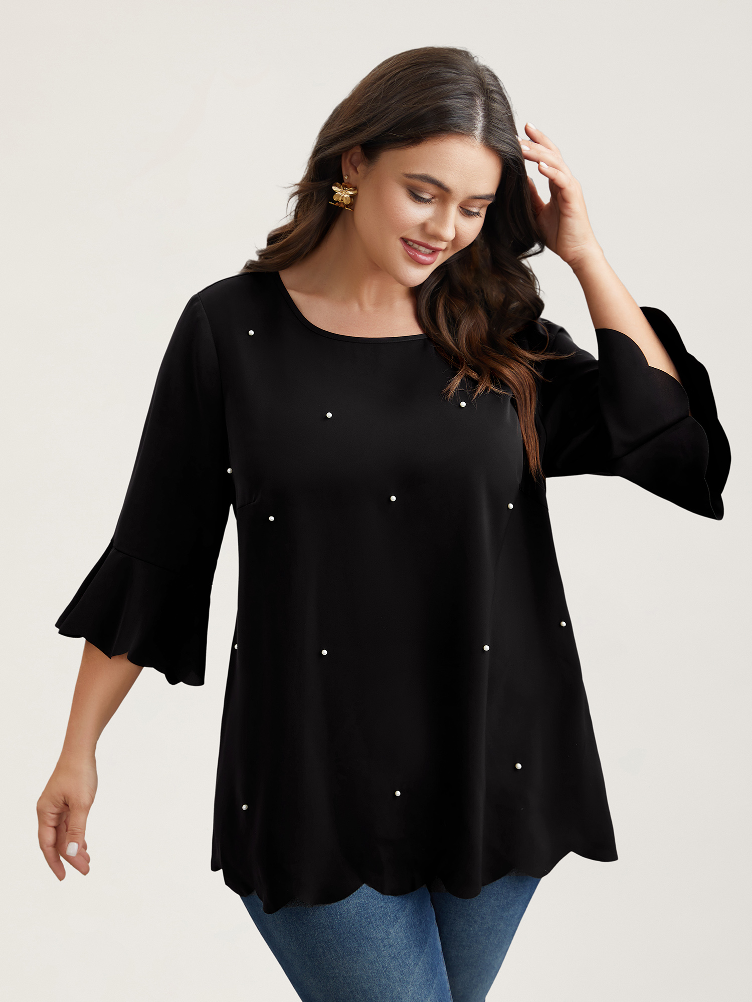 Plus Size Black Beads Embellished Scalloped Hem Shirt Women Elegant Elbow-length sleeve Round Neck Everyday Blouses BloomChic 30/6X 