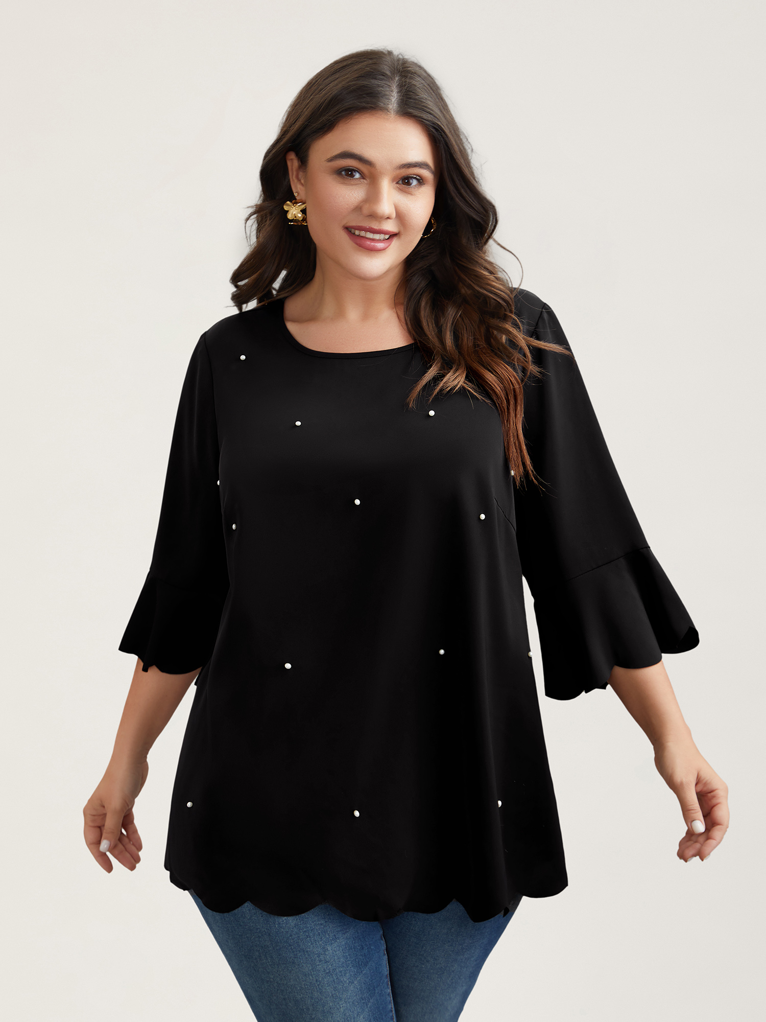 Plus Size Black Beads Embellished Scalloped Hem Shirt Women Elegant Elbow-length sleeve Round Neck Everyday Blouses BloomChic 30/6X 
