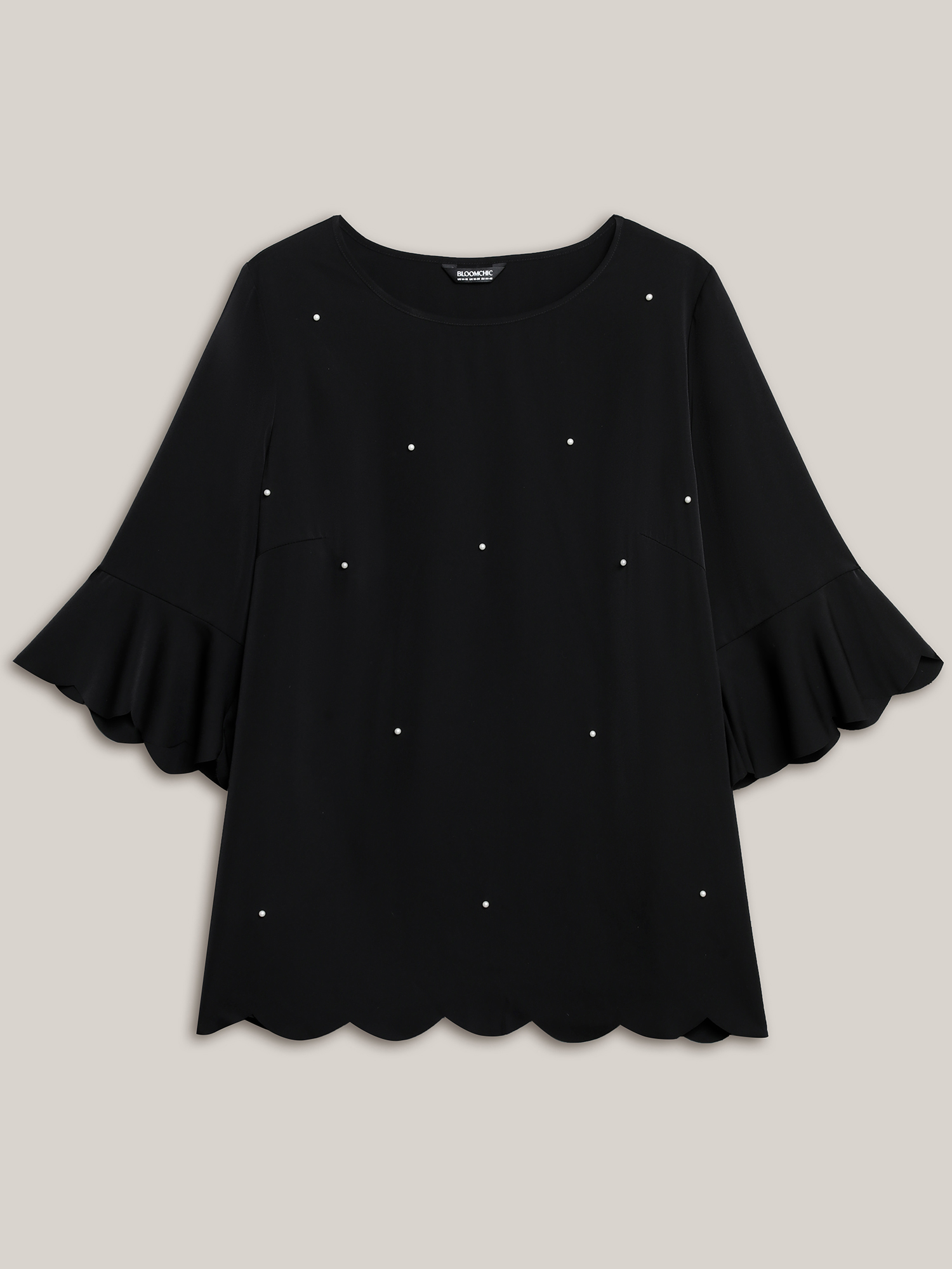 Plus Size Black Beads Embellished Scalloped Hem Shirt Women Elegant Elbow-length sleeve Round Neck Everyday Blouses BloomChic 30/6X 