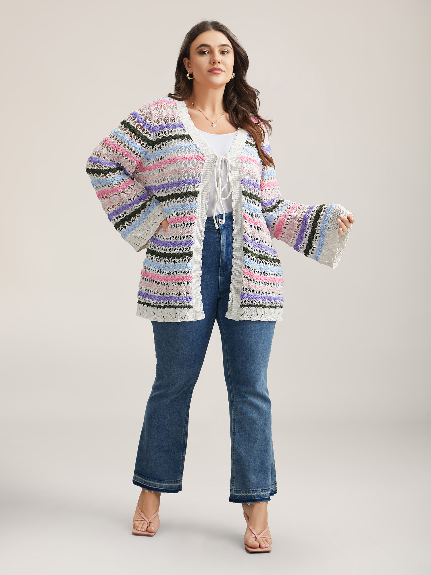 

Plus Size Cut-Out Multi-Color Lace Trim Cardigan Ivory Women Casual Loose Long Sleeve Everyday Cardigans BloomChic