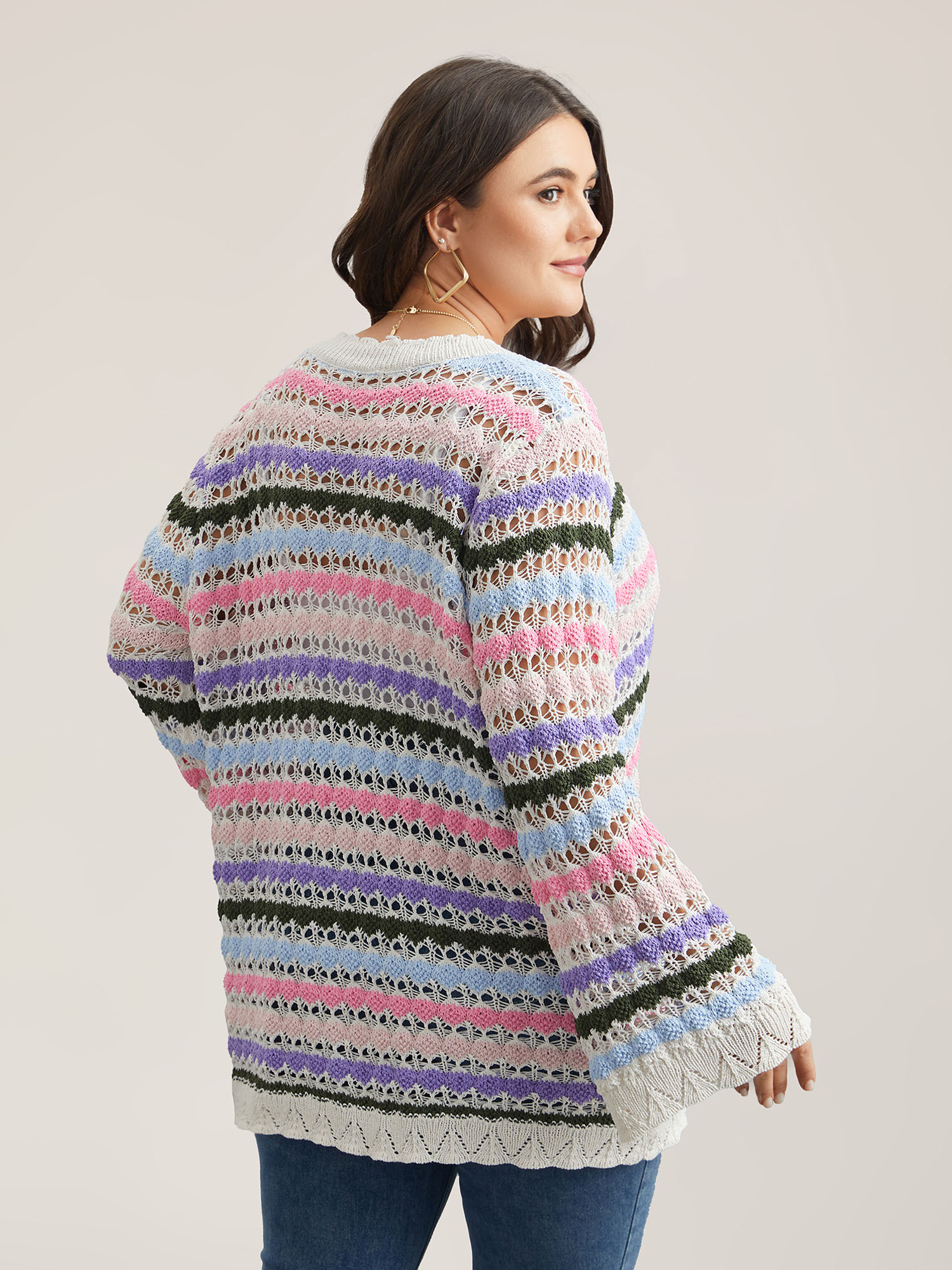 Plus Size Cut-Out Multi-Color Lace Trim Cardigan Ivory Women Casual Loose Long Sleeve Everyday Cardigans BloomChic 14-16/1X 