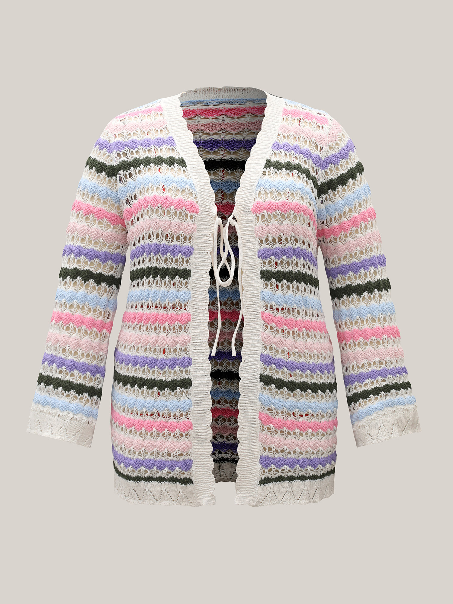 Plus Size Cut-Out Multi-Color Lace Trim Cardigan Ivory Women Casual Loose Long Sleeve Everyday Cardigans BloomChic 14-16/1X 