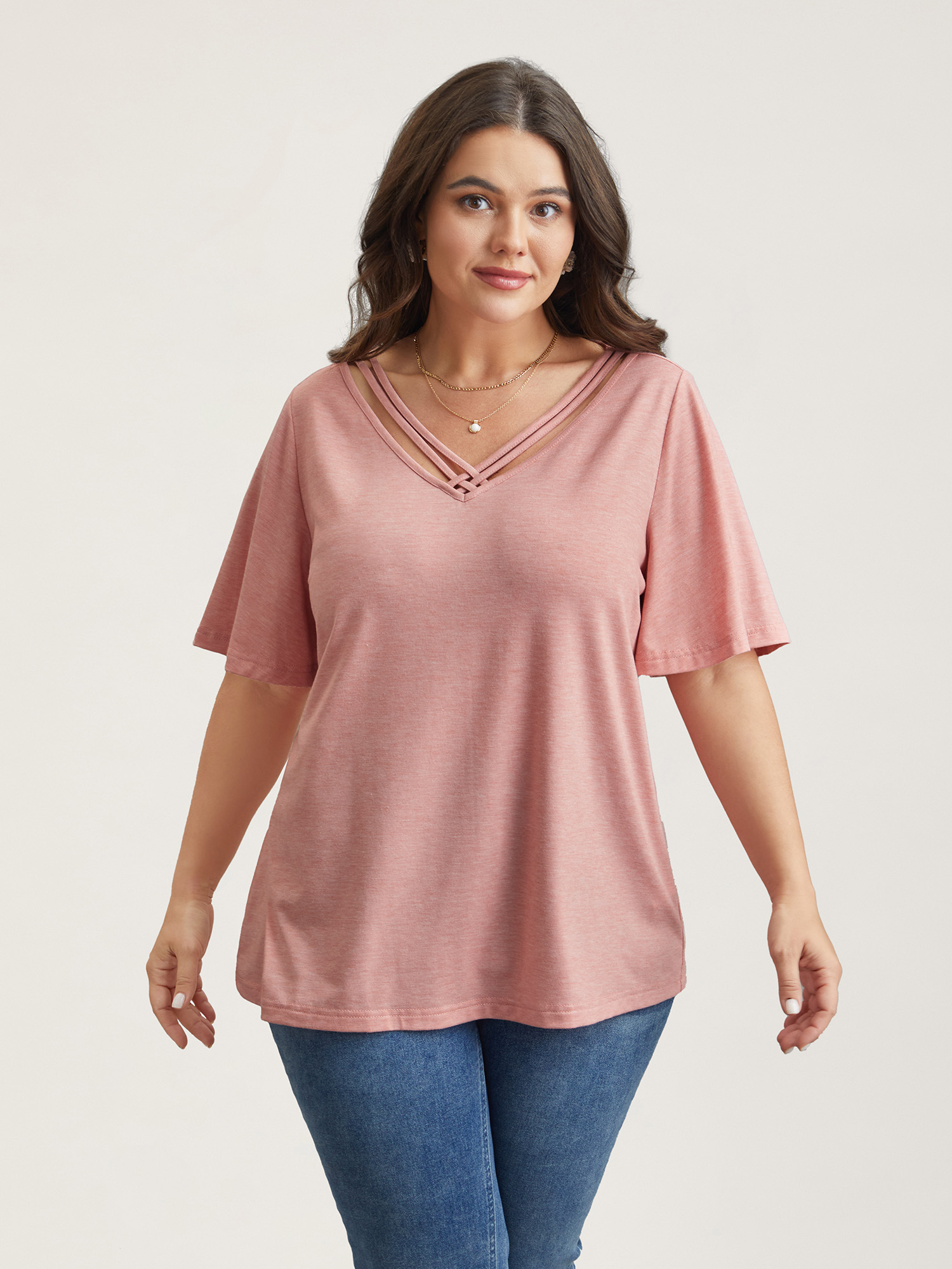 

Plus Size Stretchy Cross-Straps Lotus Leaf Sleeve Top Lightpink V-neck Short sleeve Elegant Jersey Tops