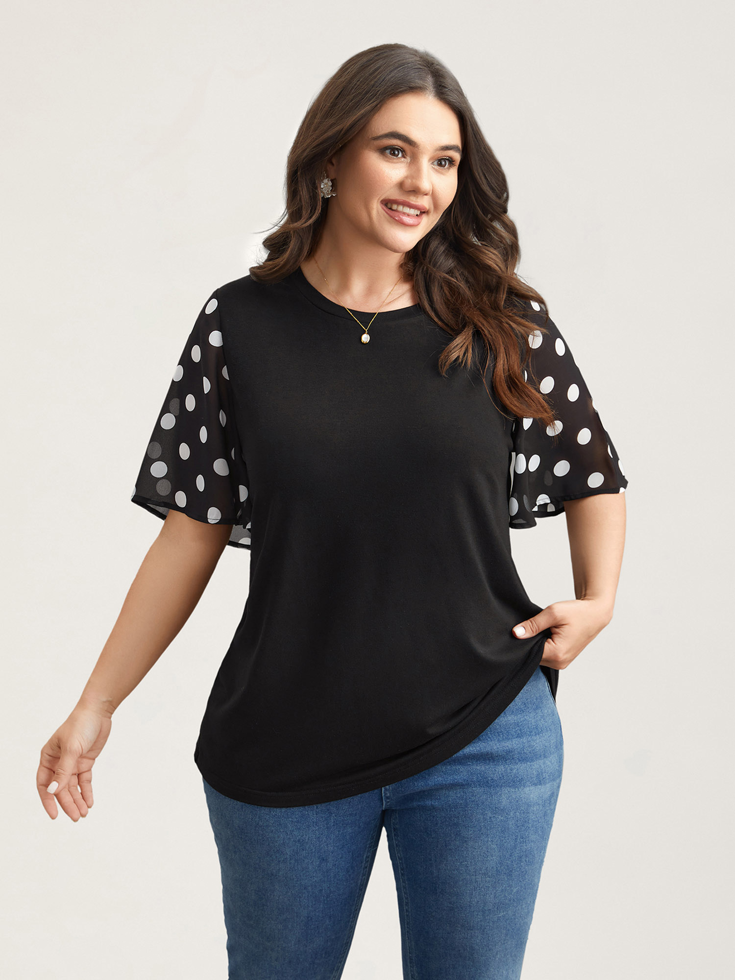 

Plus Size Stretchy Sheer Dot Sleeve Textured T-Shirt Black Women Elegant See through Round Neck Everyday T-shirts BloomChic