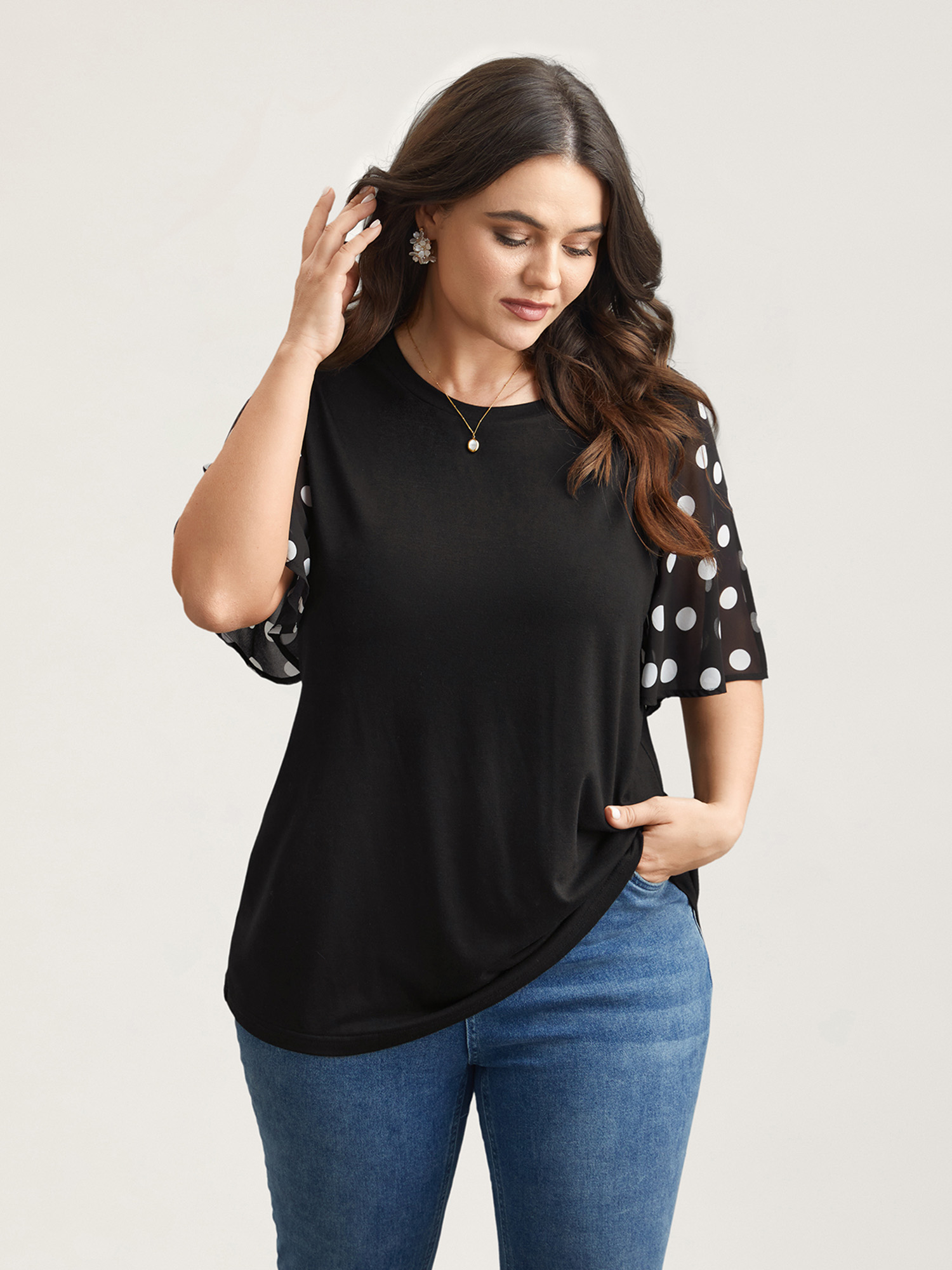 

Plus Size Stretchy Sheer Dot Sleeve Textured T-Shirt Black Women Elegant See through Round Neck Everyday T-shirts BloomChic