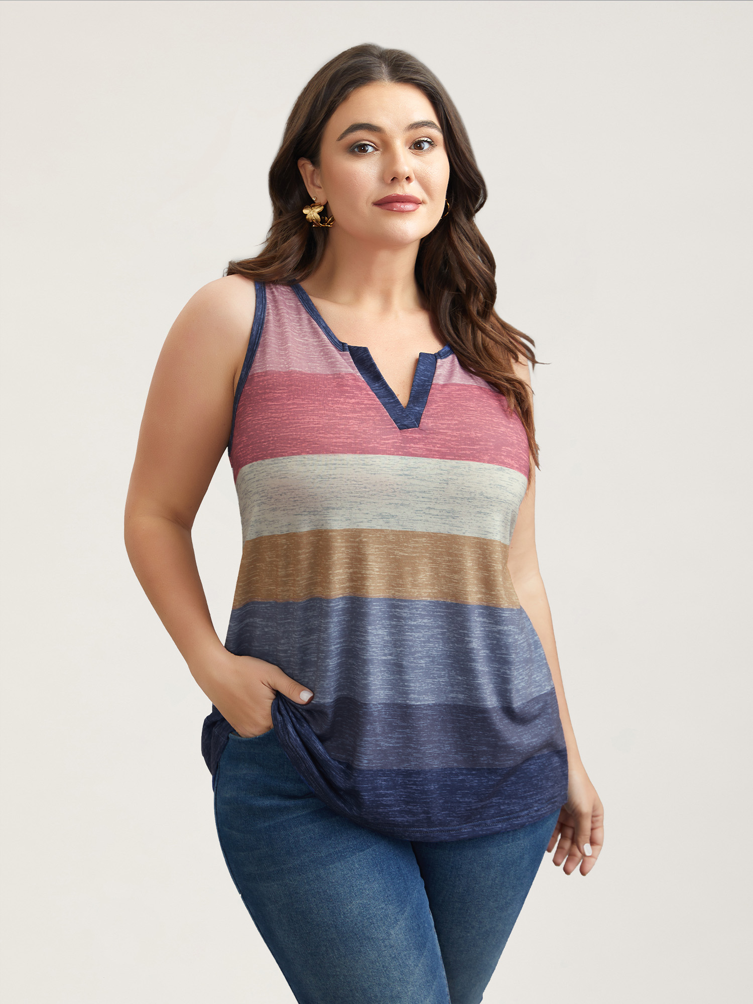 

Plus Size Multi-Color Stripes Off-Sleeves Vest Women Multicolor Elegant Contrast Notched collar Everyday Tank Tops Camis BloomChic