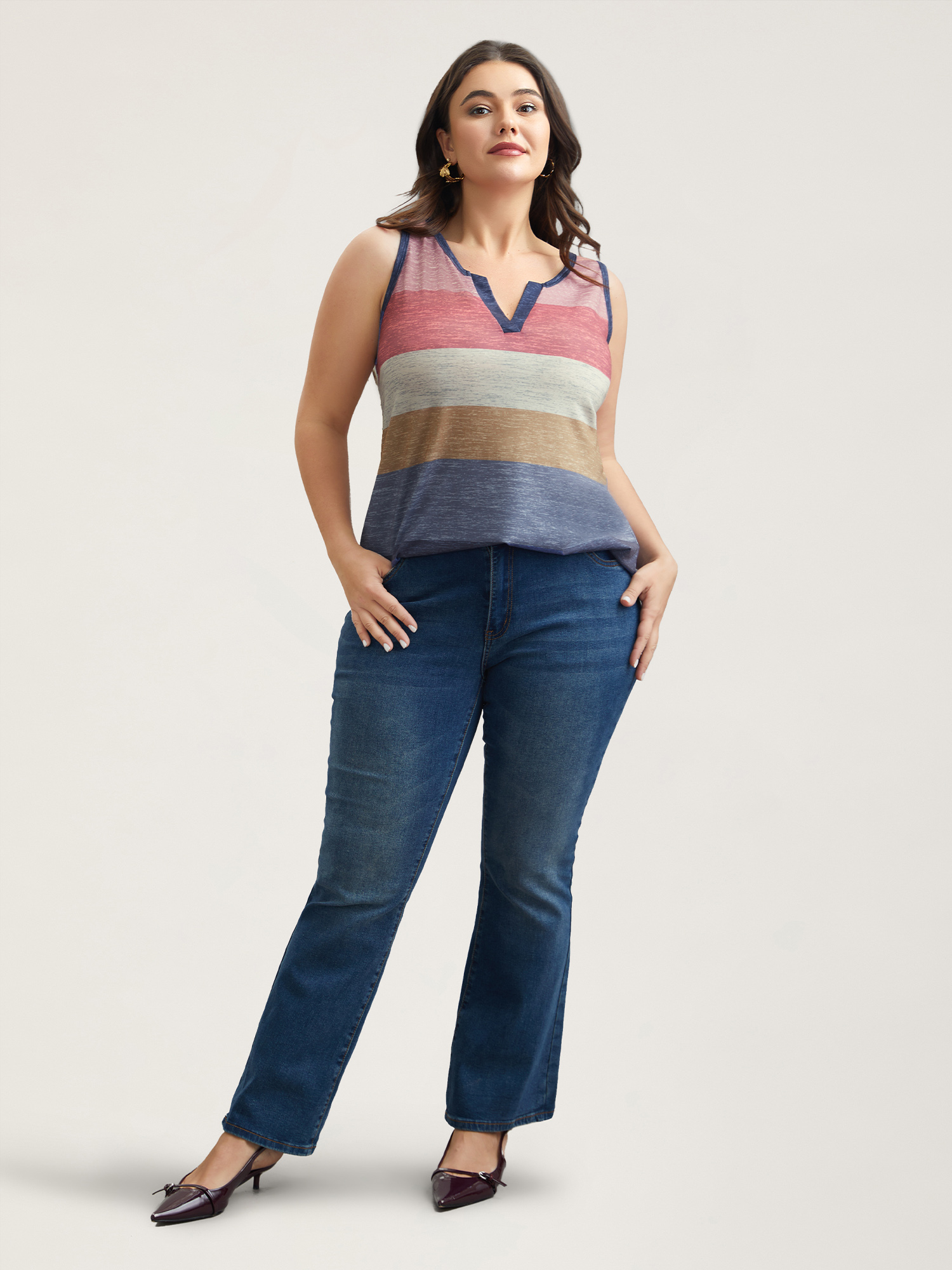 Plus Size Multi-Color Stripes Off-Sleeves Vest Women Multicolor Elegant Contrast Notched collar Everyday Tank Tops Camis BloomChic 10/M 