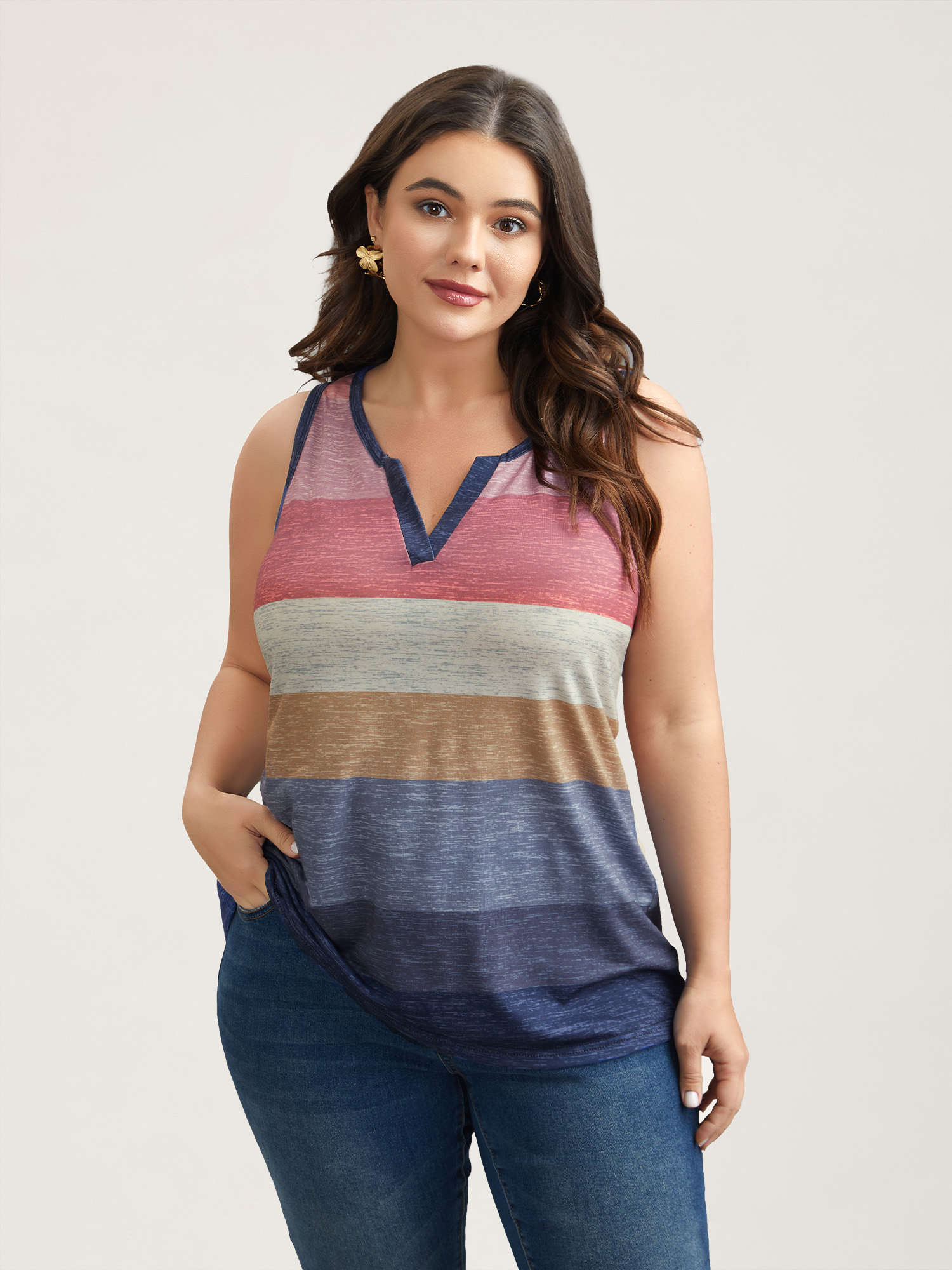 Plus Size Multi-Color Stripes Off-Sleeves Vest Women Multicolor Elegant Contrast Notched collar Everyday Tank Tops Camis BloomChic 10/M 