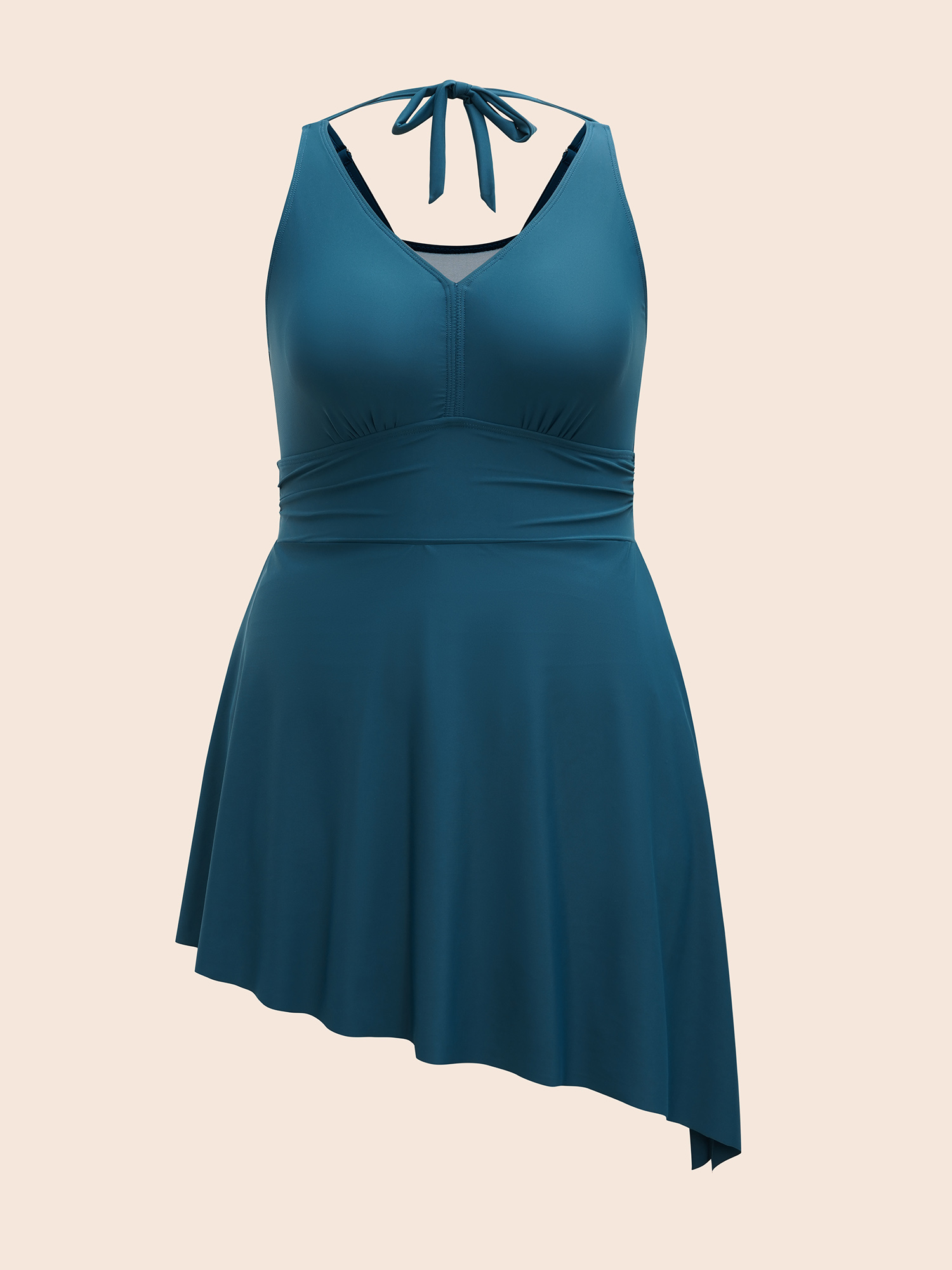 Plus Size Side-Tie Halter Neck Pockets Swim Dress Women`s Swimwear Cyan Beach Bodycon V-neck High stretch Curve Swim Dresses BloomChic 14-16/1X 