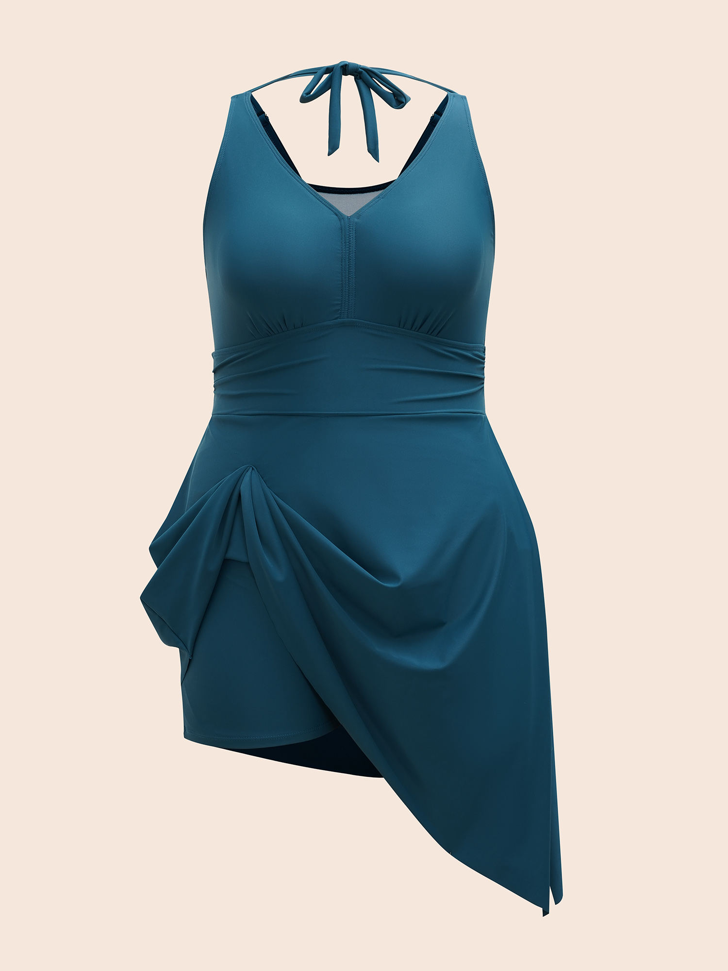 Plus Size Side-Tie Halter Neck Pockets Swim Dress Women`s Swimwear Cyan Beach Bodycon V-neck High stretch Curve Swim Dresses BloomChic 14-16/1X 
