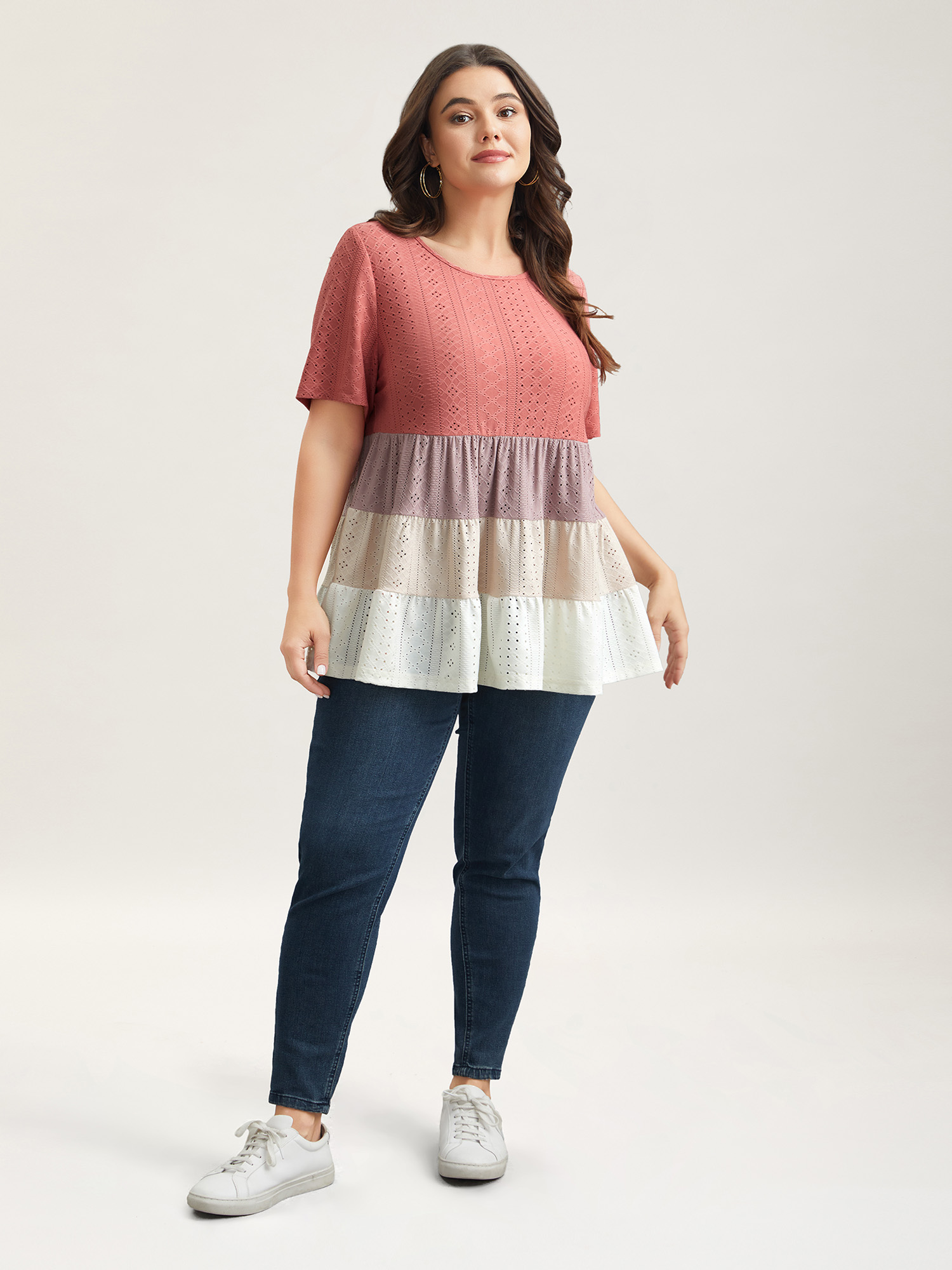Plus Size Color Contrast Layered Ribbed T-Shirt Multicolor Women Casual Texture Round Neck Everyday T-shirts BloomChic 18-20/2X 