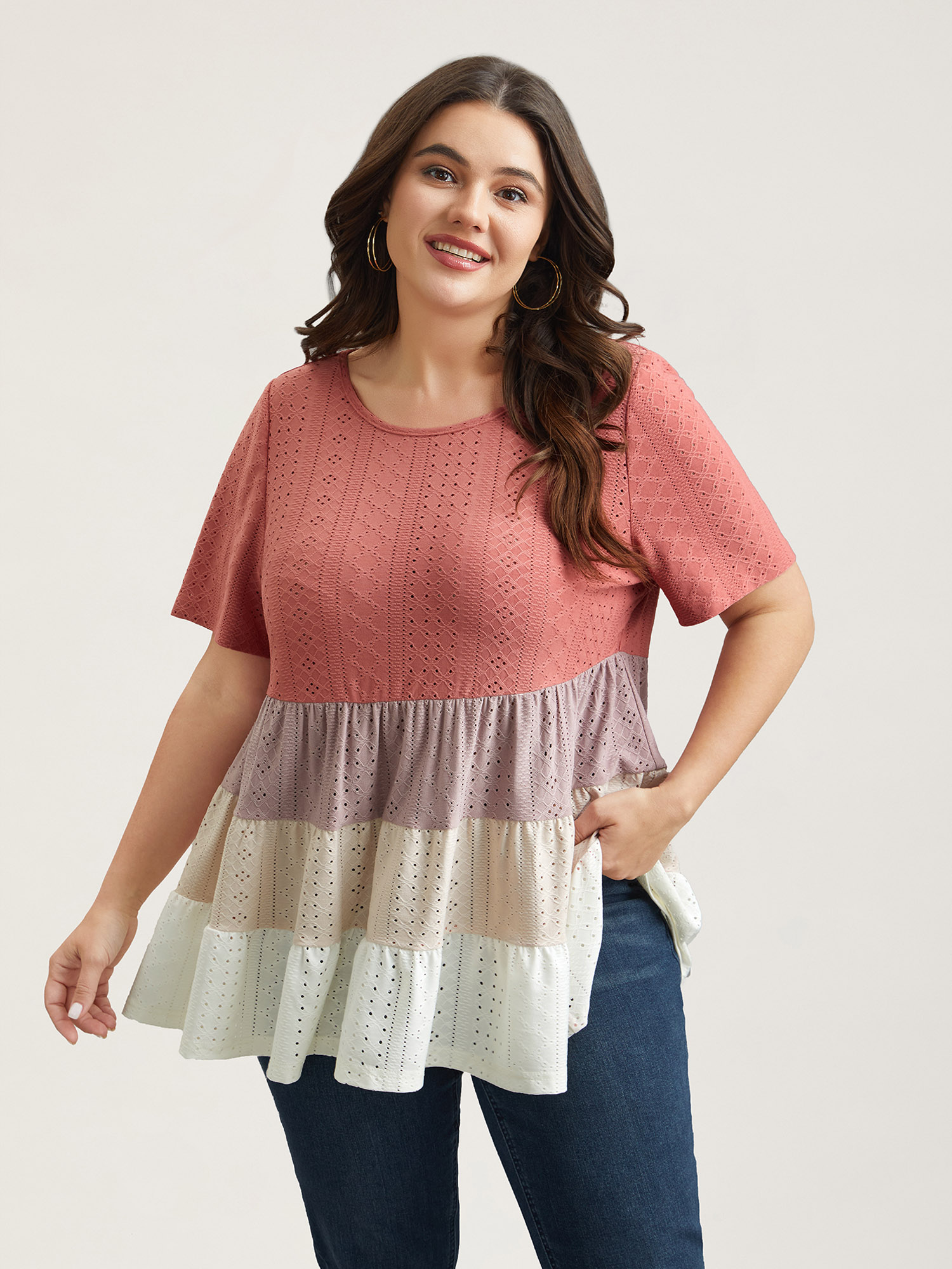 Plus Size Color Contrast Layered Ribbed T-Shirt Multicolor Women Casual Texture Round Neck Everyday T-shirts BloomChic 18-20/2X 
