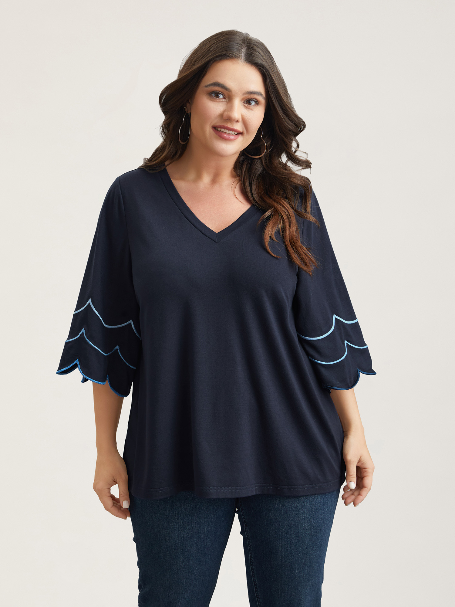 

Plus Size Embroidered Trumpet Sleeve V-Neck T-Shirt Indigo Women Casual Embroidered V-neck Everyday T-shirts BloomChic