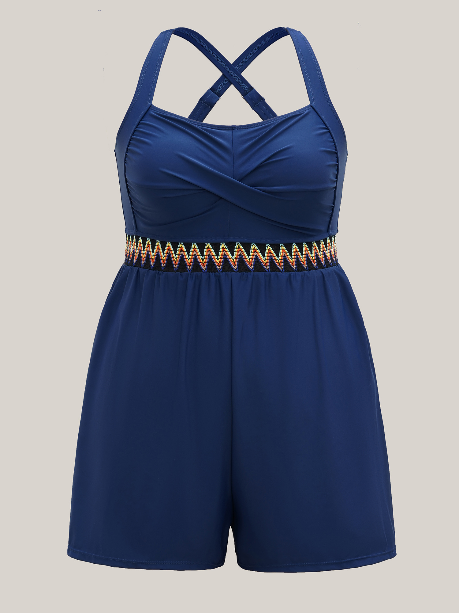 Plus Size Twist-Front Contrast Webbed One-Piece Swimsuit Women`s Swimwear Indigo Beach Woven ribbon&lace trim Curve Bathing Suits High stretch One Pieces BloomChic 22-24/3X 