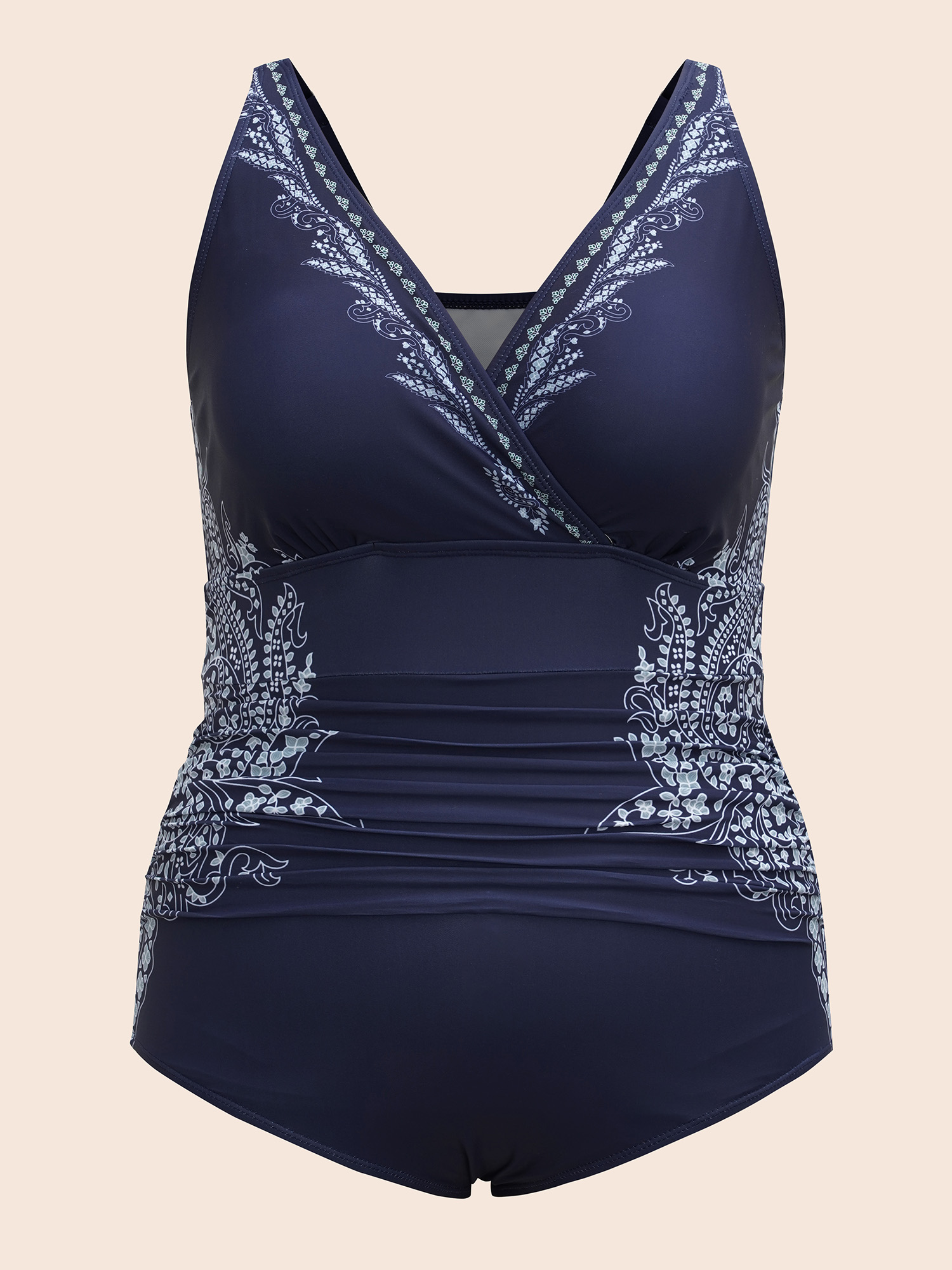 Plus Size Surplice Neck Boho Ruched One-Piece Swimsuit Women`s Swimwear Indigo Beach Gathered Curve Bathing Suits High stretch One Pieces BloomChic 30/6X 