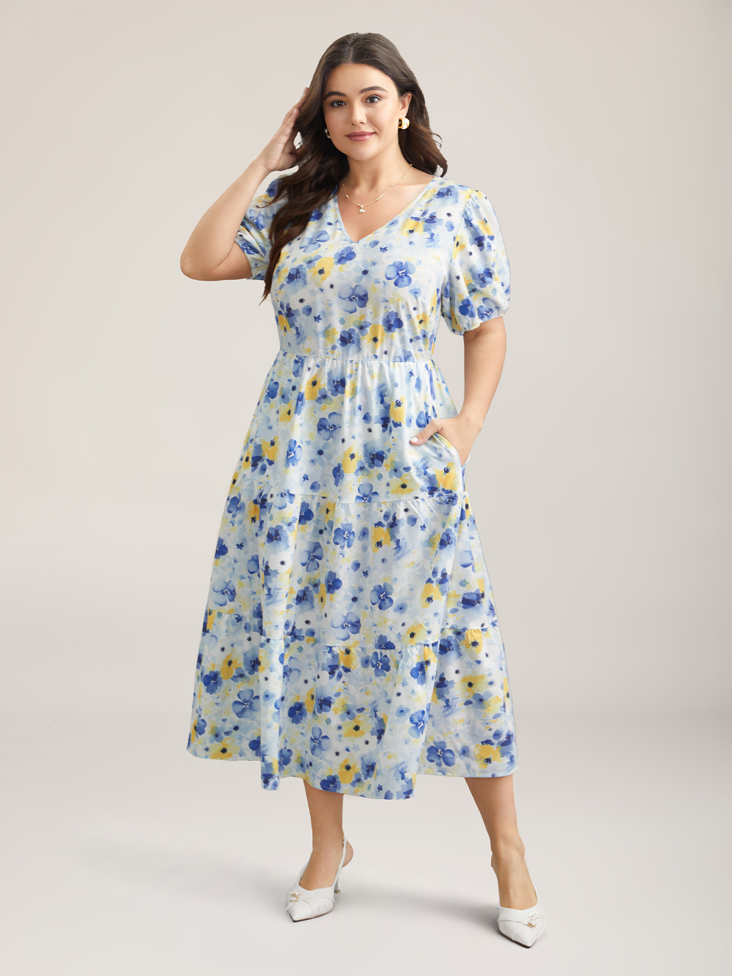 Plus Size Blooming Flowers Puff Sleeve Stretchy-Waist Dress LightBlue Women Elegant Non V-neck Short sleeve Curvy BloomChic 14-16/1X 
