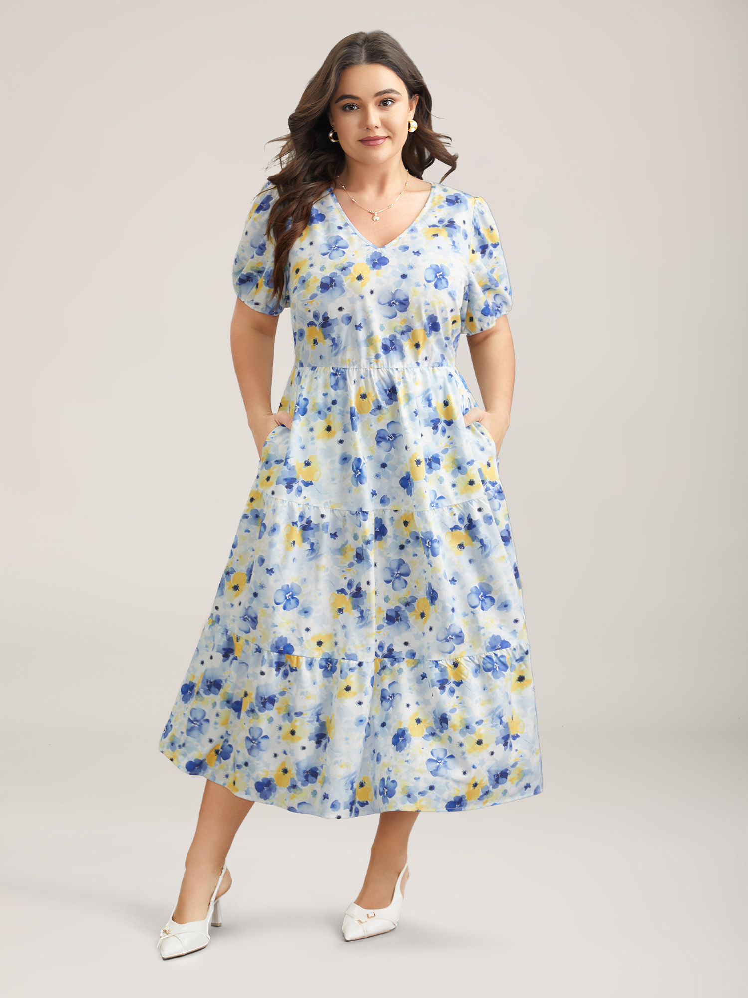 Plus Size Blooming Flowers Puff Sleeve Stretchy-Waist Dress LightBlue Women Elegant Non V-neck Short sleeve Curvy BloomChic 14-16/1X 