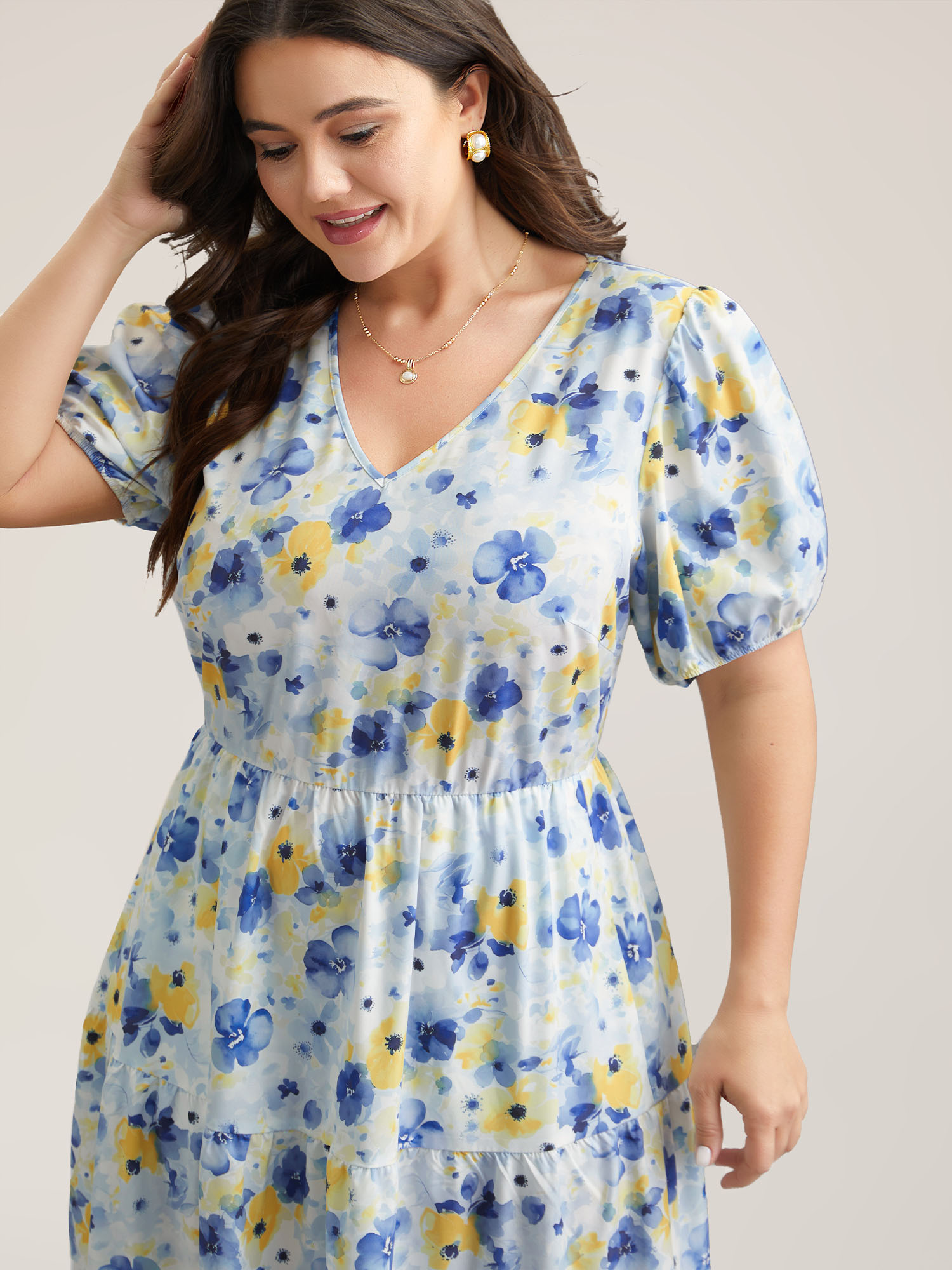 Plus Size Blooming Flowers Puff Sleeve Stretchy-Waist Dress LightBlue Women Elegant Non V-neck Short sleeve Curvy BloomChic 14-16/1X 