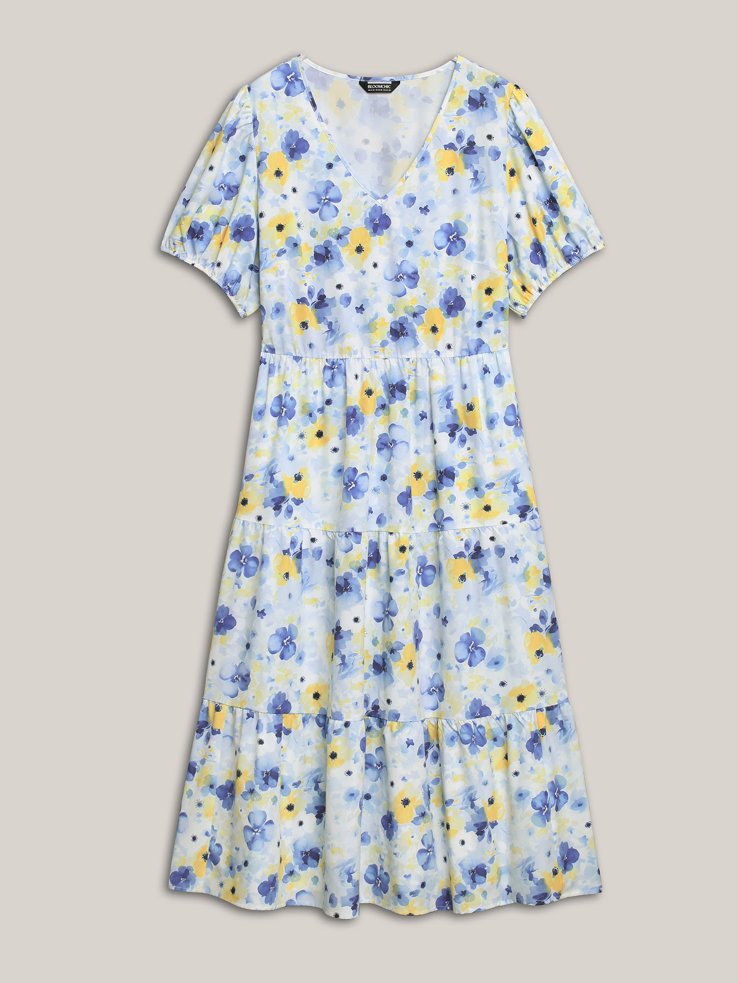 Plus Size Blooming Flowers Puff Sleeve Stretchy-Waist Dress LightBlue Women Elegant Non V-neck Short sleeve Curvy BloomChic 14-16/1X 