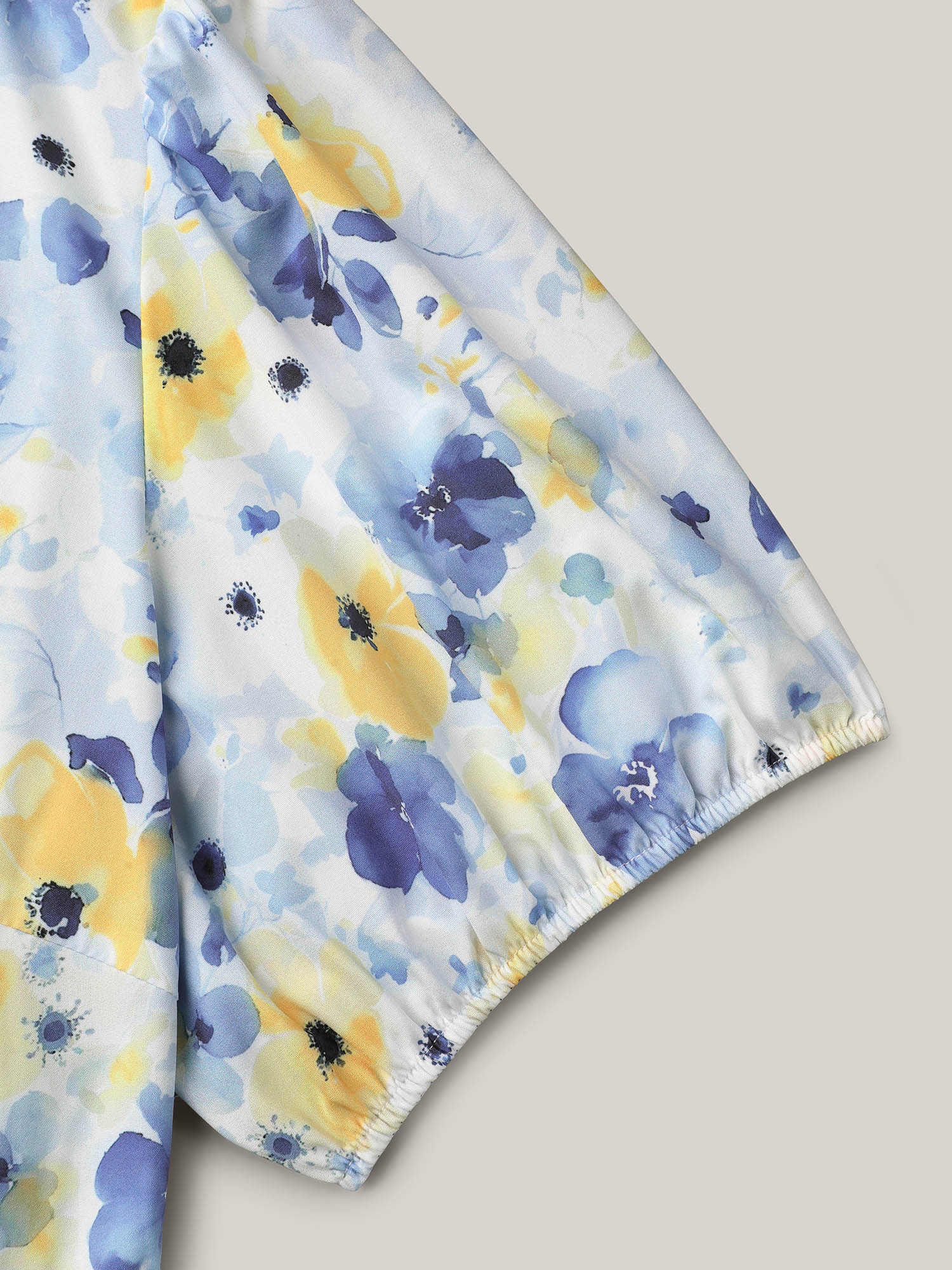 Plus Size Blooming Flowers Puff Sleeve Stretchy-Waist Dress LightBlue Women Elegant Non V-neck Short sleeve Curvy BloomChic 14-16/1X 
