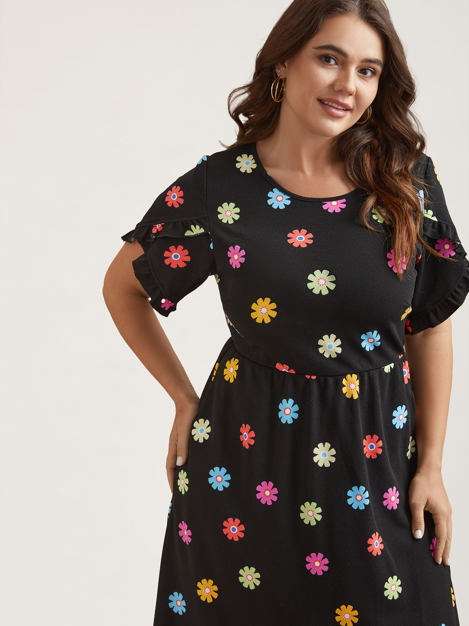 

Plus Size Stretchy-Waist Floral Print Pockets Midi Dress Black Women Casual Texture Knit Dresses Bloomchic