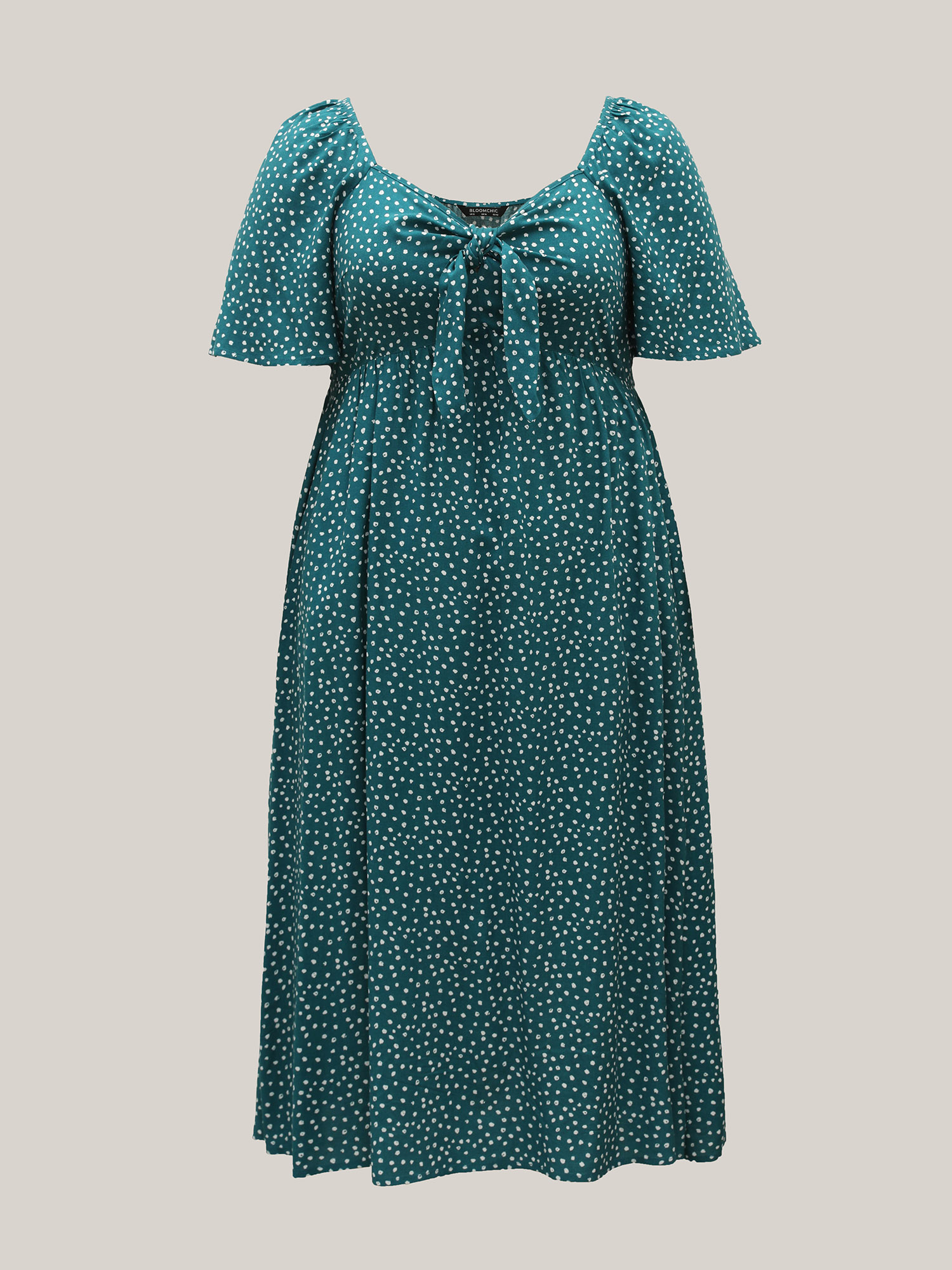 

Plus Size Rayon Polka Dot Neck-Tie Midi Dress Teal Women Elegant Tie knot Heart neckline Short sleeve Curvy BloomChic