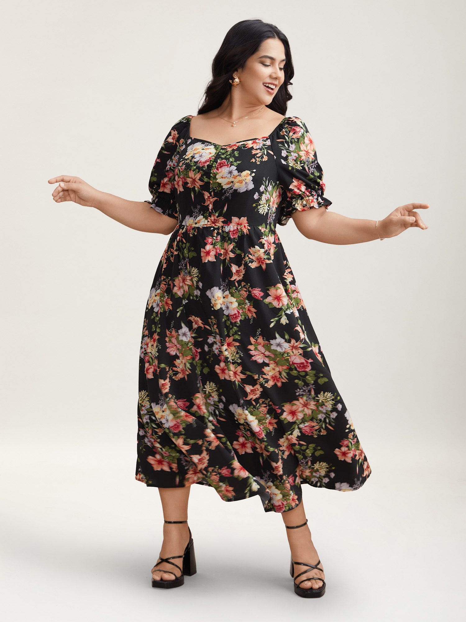 

Plus Size Sweetheart Neckline Drawstring Floral Midi Dress Black Women Elegant Drawstring Heart neckline Half Sleeve Curvy BloomChic