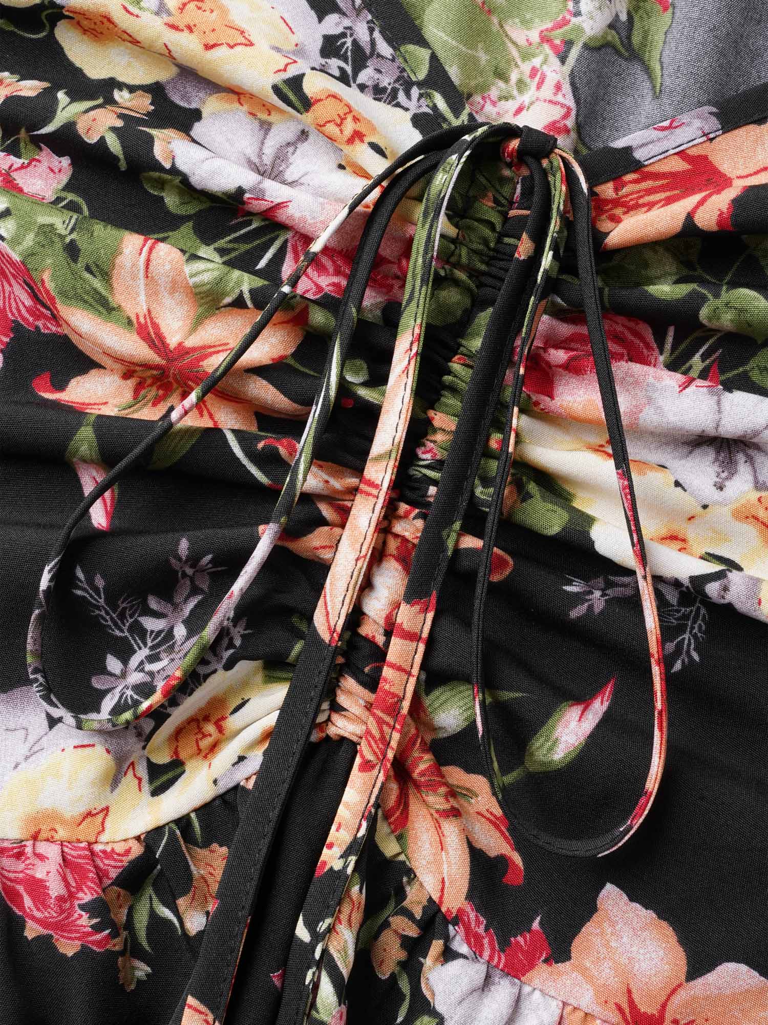 Plus Size Sweetheart Neckline Drawstring Floral Midi Dress Black Women Elegant Drawstring Heart neckline Half Sleeve Curvy BloomChic 22-24/3X 
