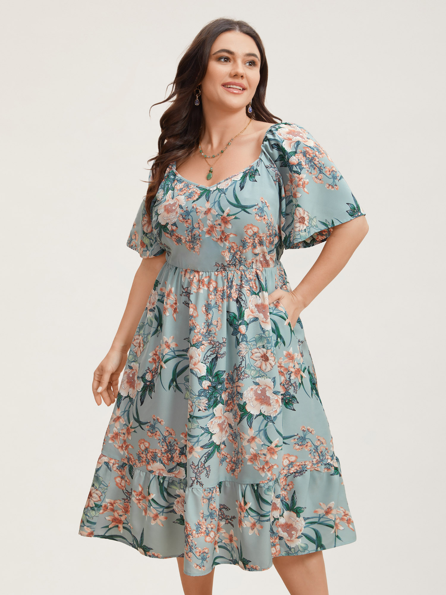 

Plus Size Floral Print Flared Sleeve Pockets Midi Dress Mint Women Elegant Non Heart neckline Short sleeve Curvy BloomChic