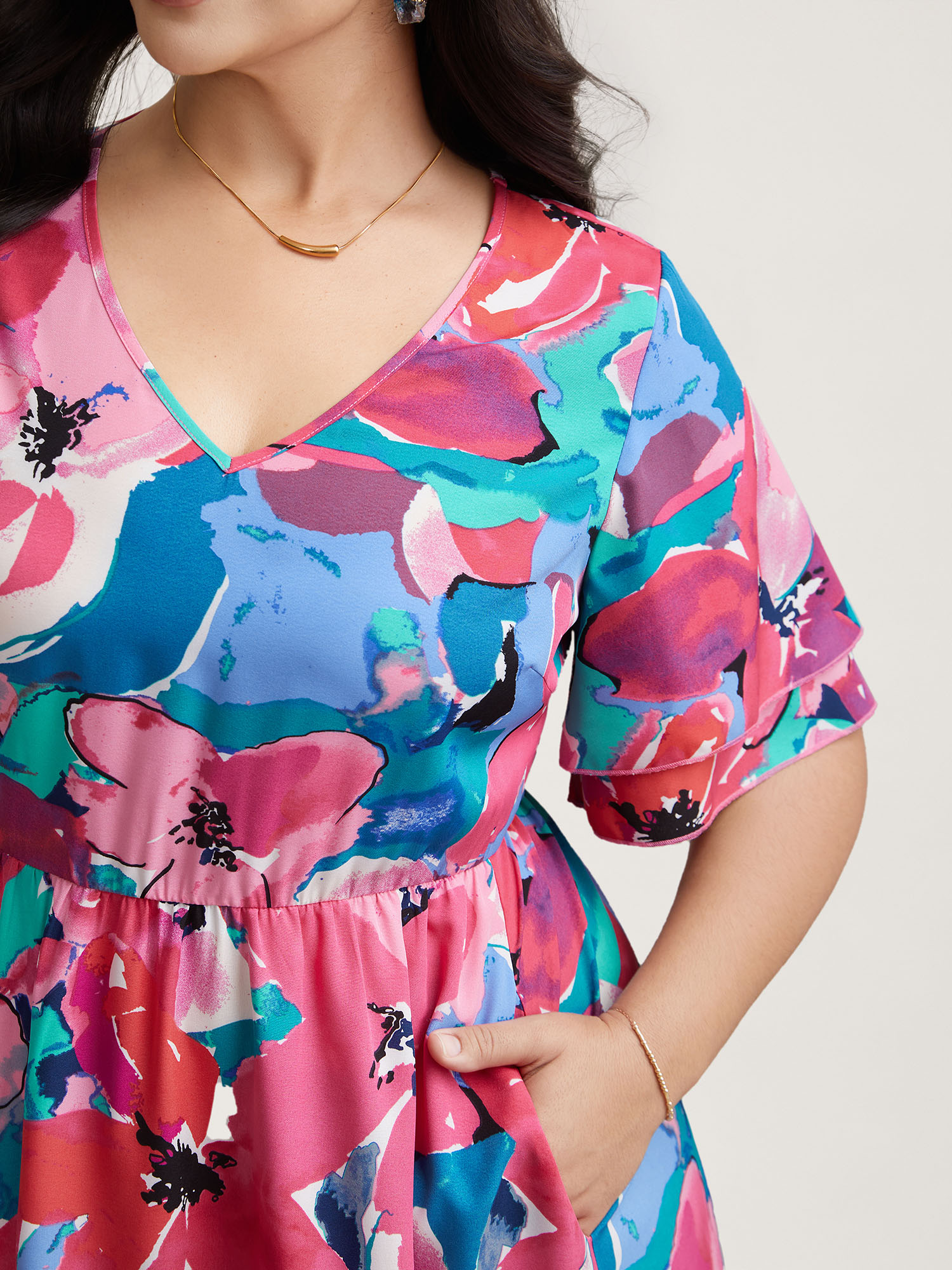 Plus Size Multi-Color Floral V-Neck Pockets Midi Dress Skyblue Women Elegant Ruffles V-neck Short sleeve Curvy BloomChic 10/M 