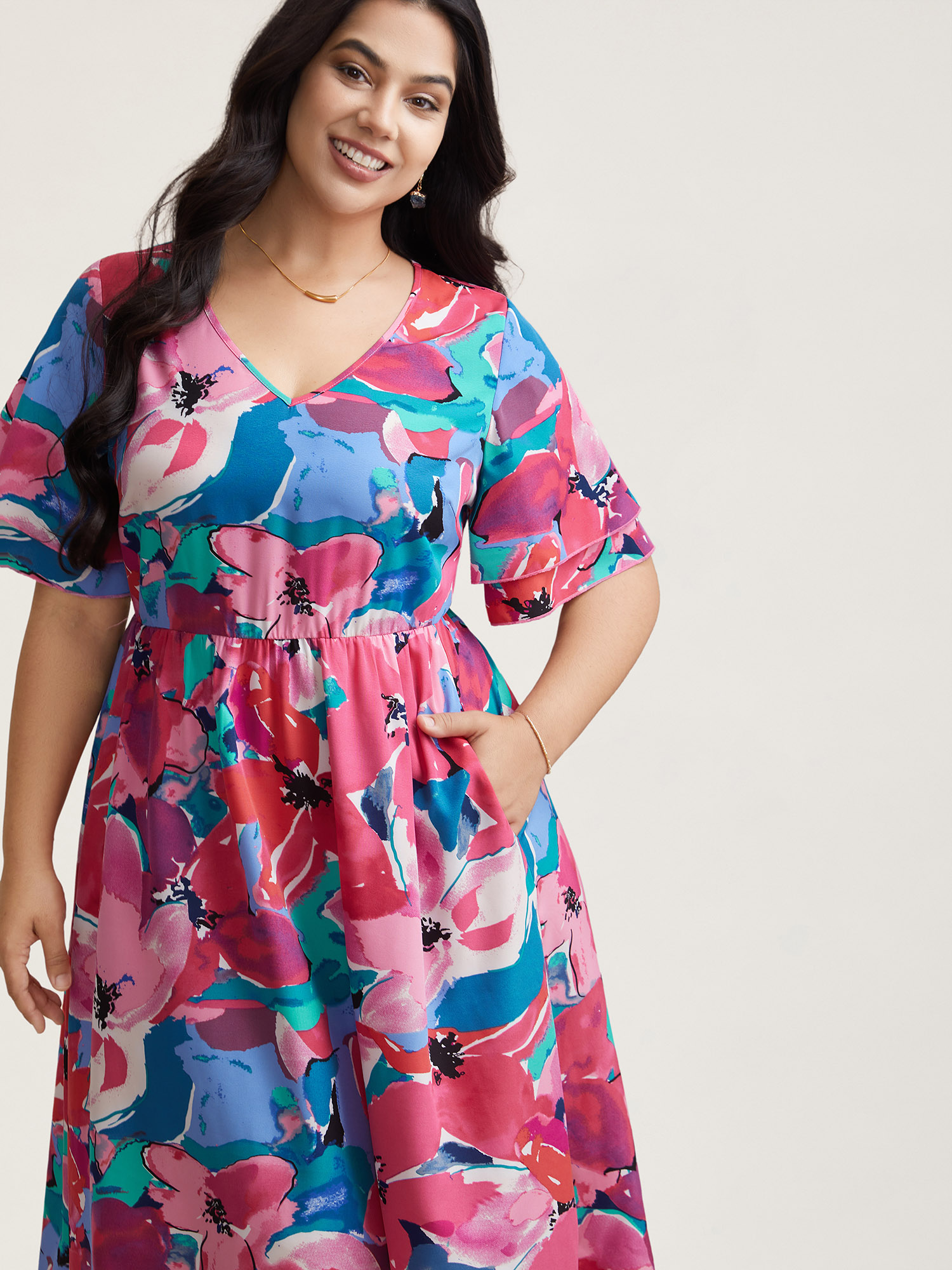 Plus Size Multi-Color Floral V-Neck Pockets Midi Dress Skyblue Women Elegant Ruffles V-neck Short sleeve Curvy BloomChic 10/M 