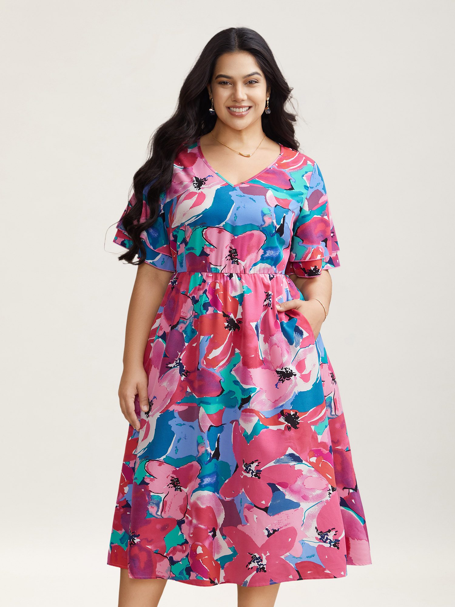 Plus Size Multi-Color Floral V-Neck Pockets Midi Dress Skyblue Women Elegant Ruffles V-neck Short sleeve Curvy BloomChic 10/M 