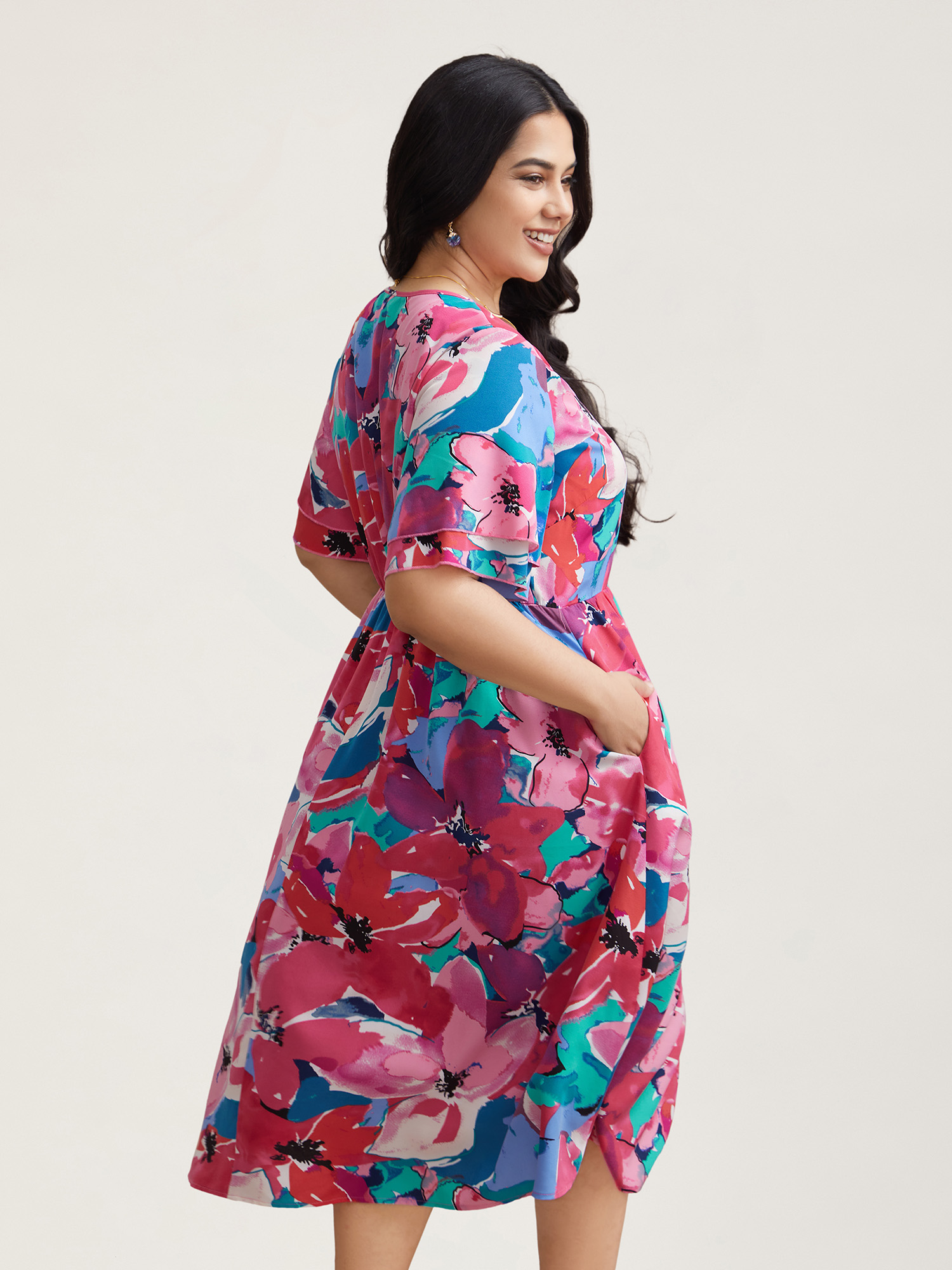 

Plus Size Multi-Color Floral V-Neck Pockets Midi Dress Skyblue Women Elegant Ruffles V-neck Short sleeve Curvy BloomChic