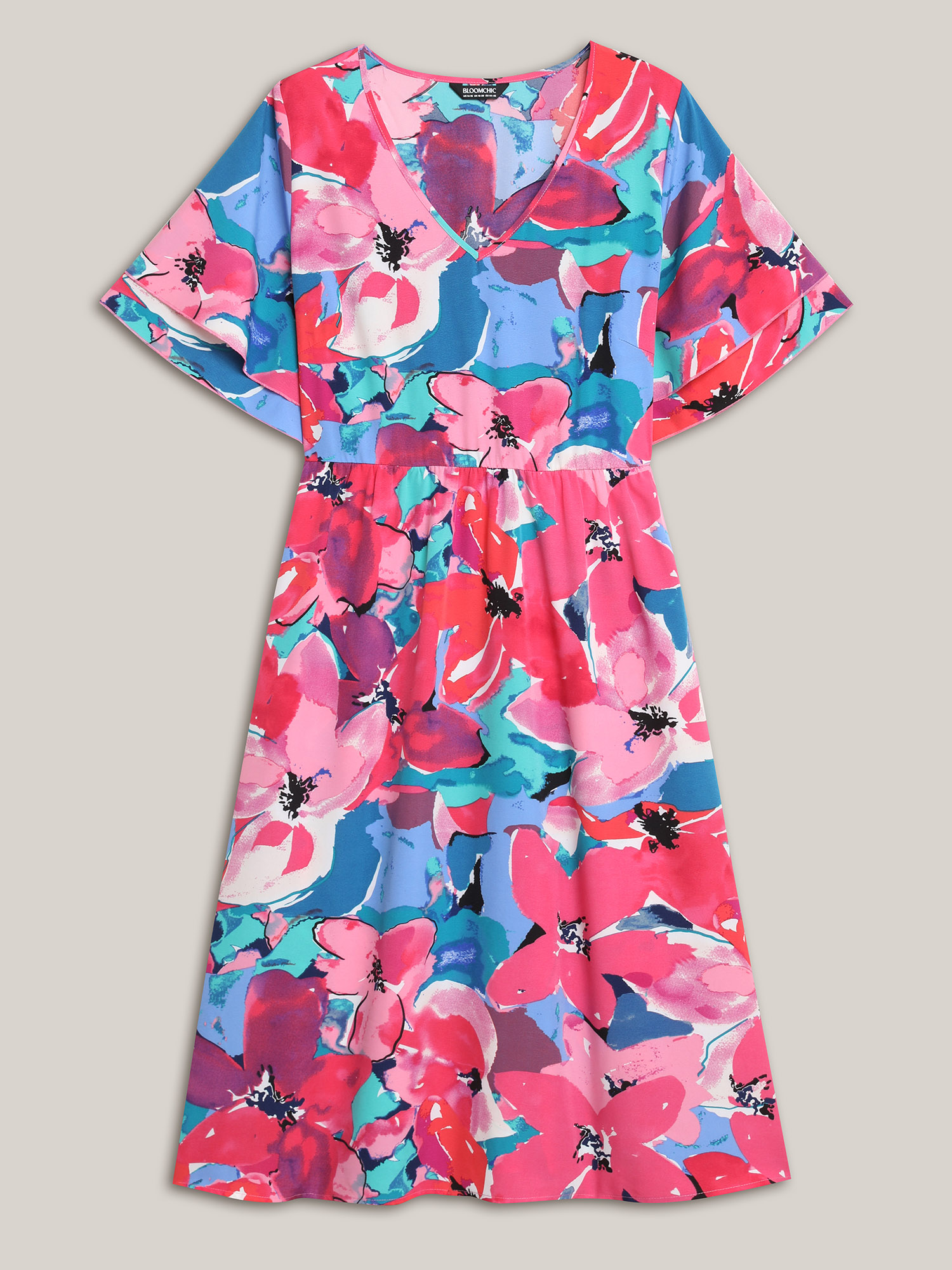 Plus Size Multi-Color Floral V-Neck Pockets Midi Dress Skyblue Women Elegant Ruffles V-neck Short sleeve Curvy BloomChic 10/M 
