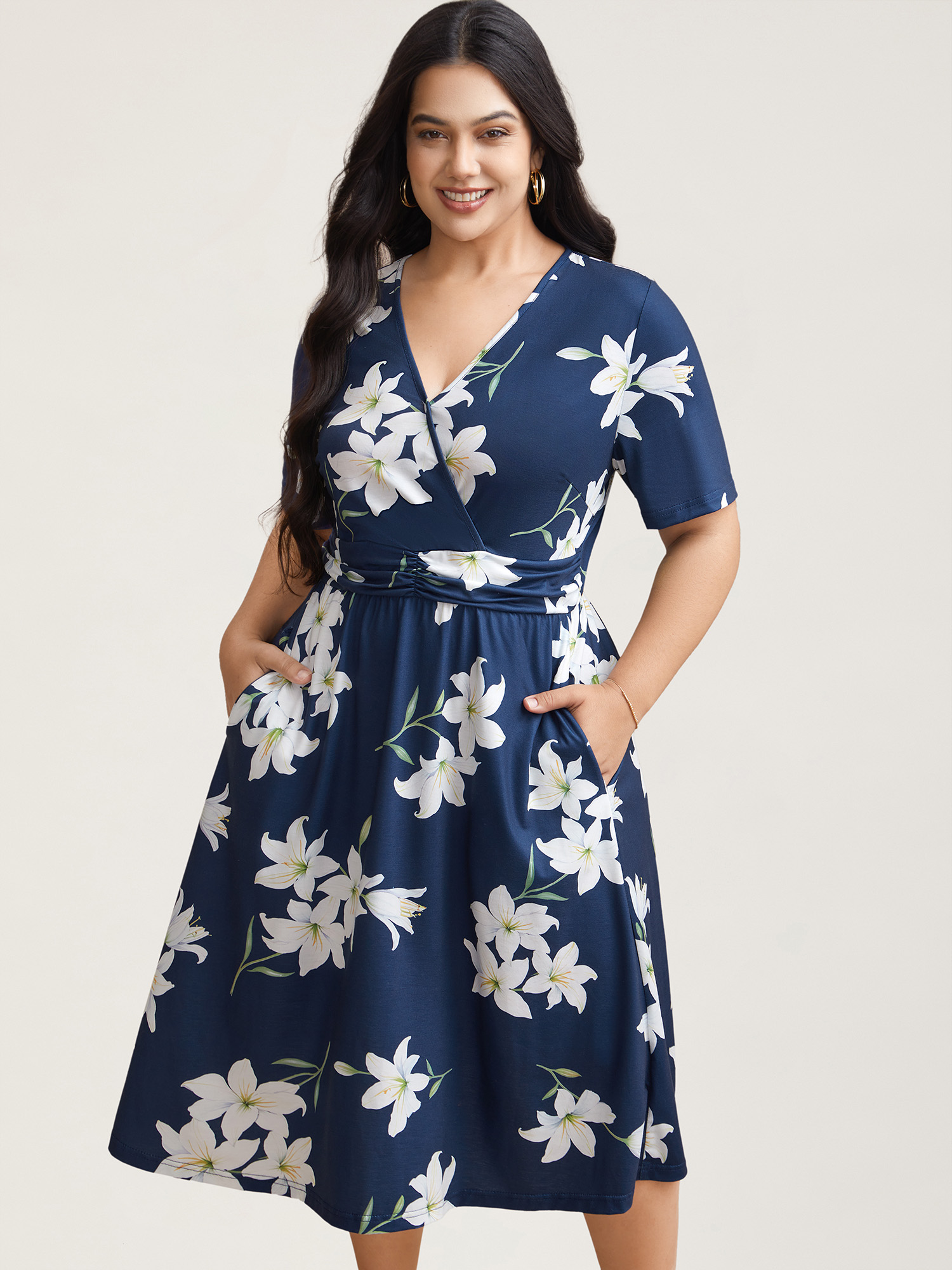 

Plus Size Floral Surplice Neck Pleated Midi Dress Navy Women Casual Gathered Overlap Collar Short sleeve Curvy BloomChic