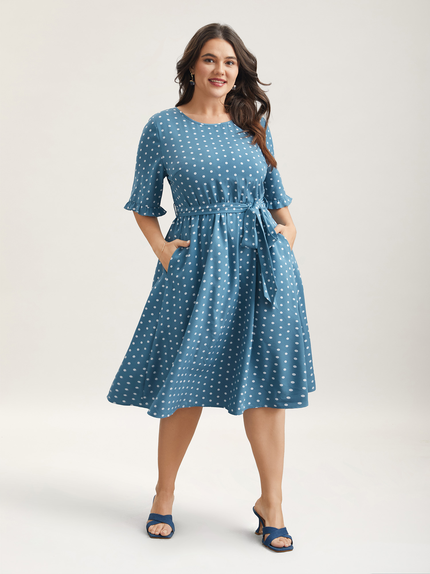 

Plus Size Polka Dot Print Belted Stretchy Midi Dress Cerulean Women Elegant Belted Round Neck Half Sleeve Curvy BloomChic