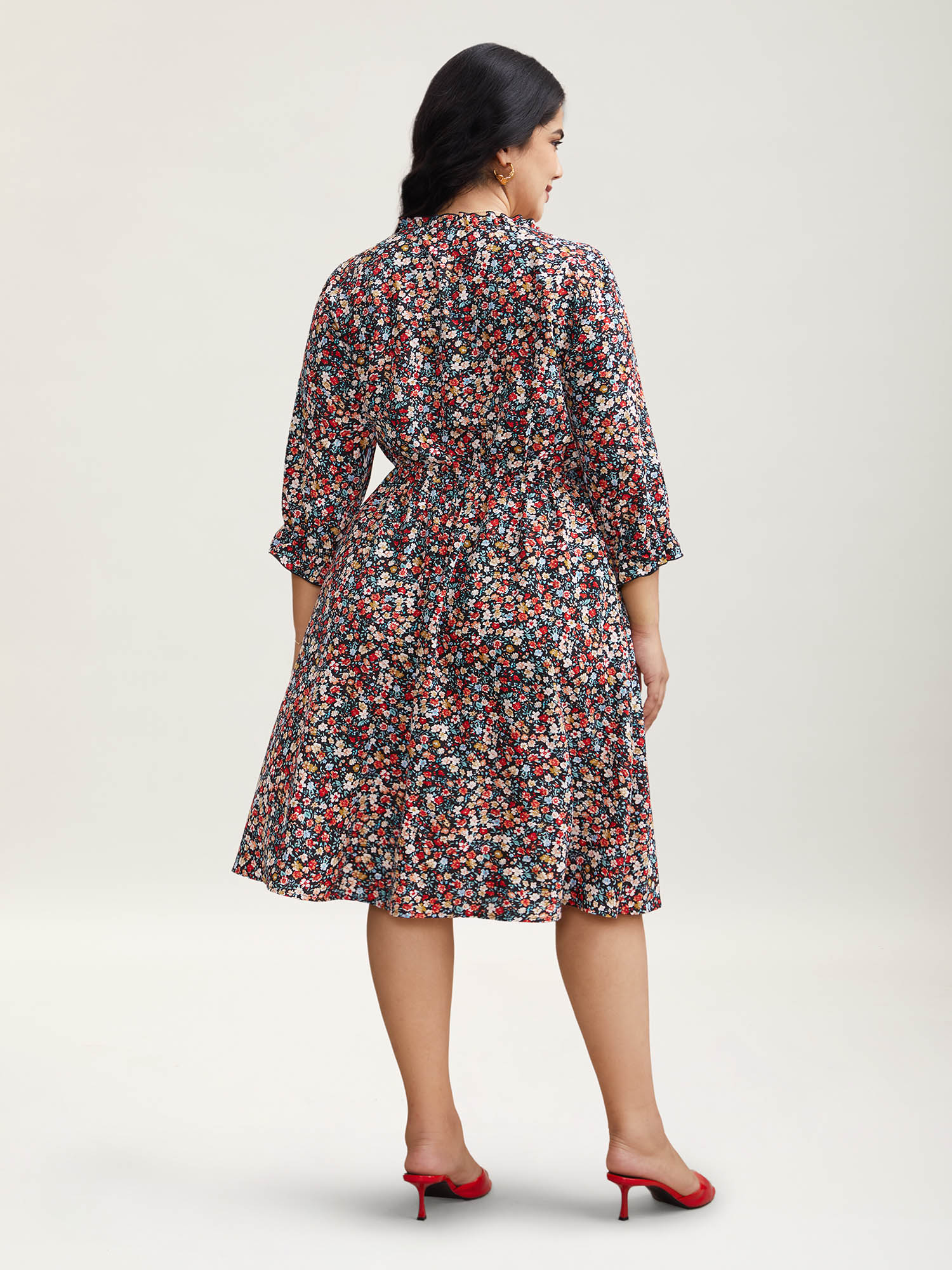 Plus Size Floral Print Drawstring Pockets Flared Midi Dress Black Women Elegant Drawstring Notched collar Elbow-length sleeve Curvy BloomChic 28/5X 