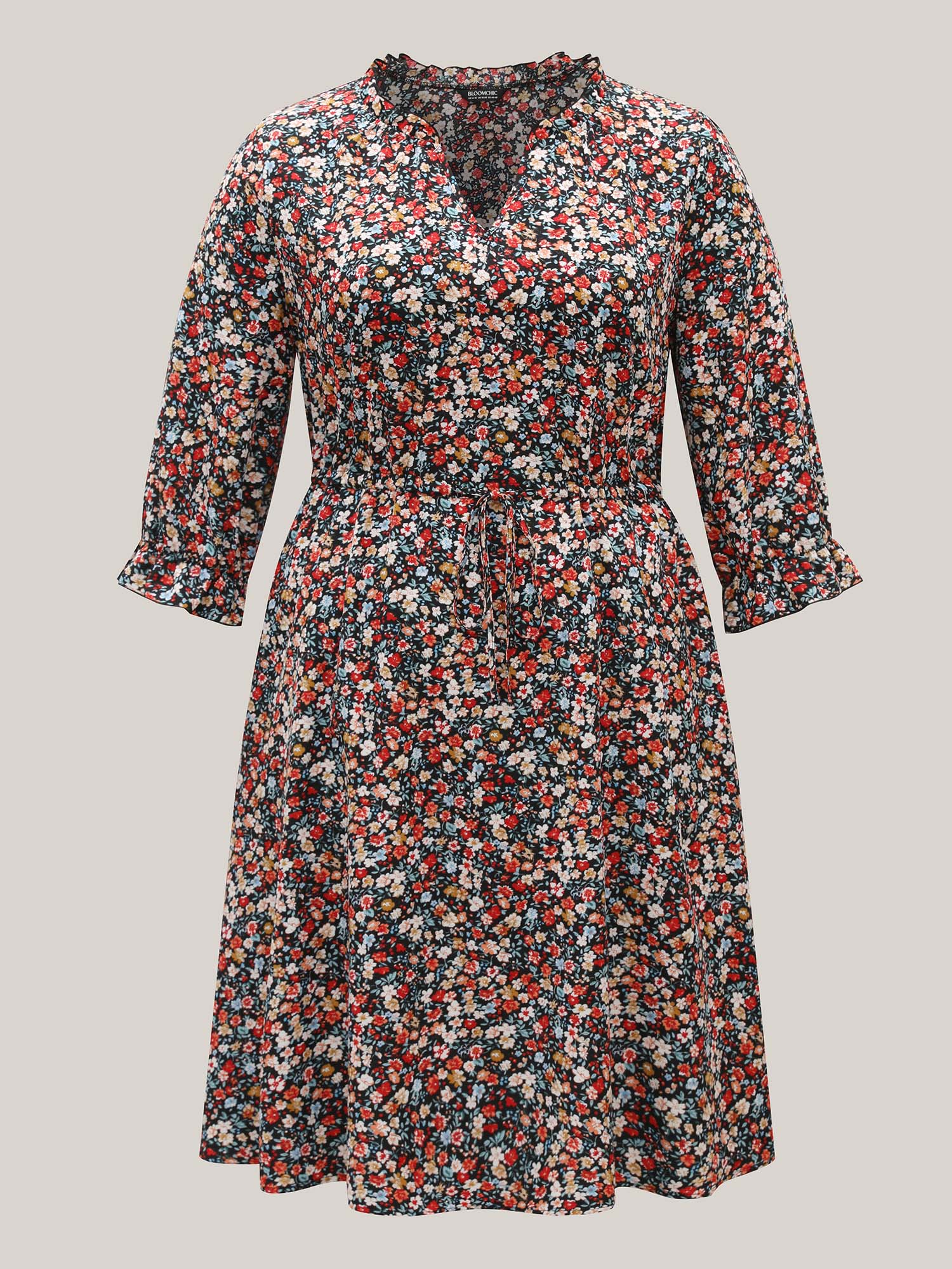 Plus Size Floral Print Drawstring Pockets Flared Midi Dress Black Women Elegant Drawstring Notched collar Elbow-length sleeve Curvy BloomChic 28/5X 