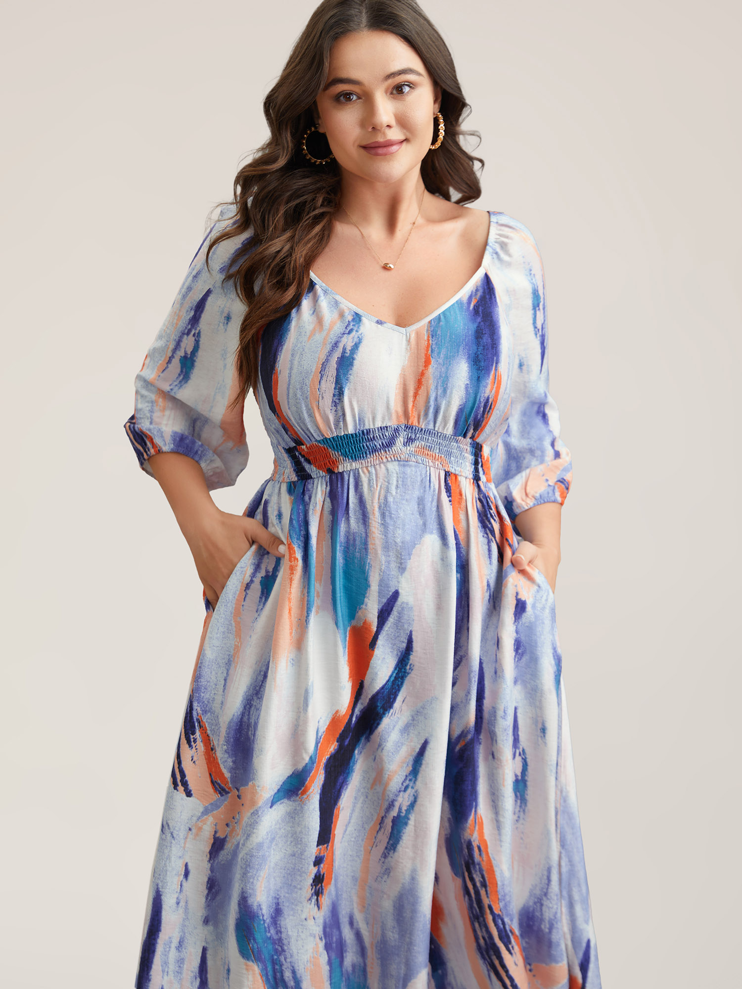 Plus Size Abstract Print Waist-Cinched Split Hem Maxi Dress Multicolor Women Elegant Gathered Heart neckline Elbow-length sleeve Curvy BloomChic 18-20/2X 
