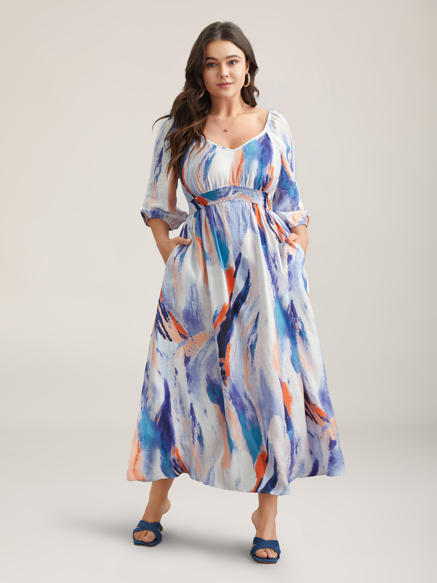 Plus Size Abstract Print Waist-Cinched Split Hem Maxi Dress Multicolor Women Elegant Gathered Heart neckline Elbow-length sleeve Curvy BloomChic 18-20/2X 