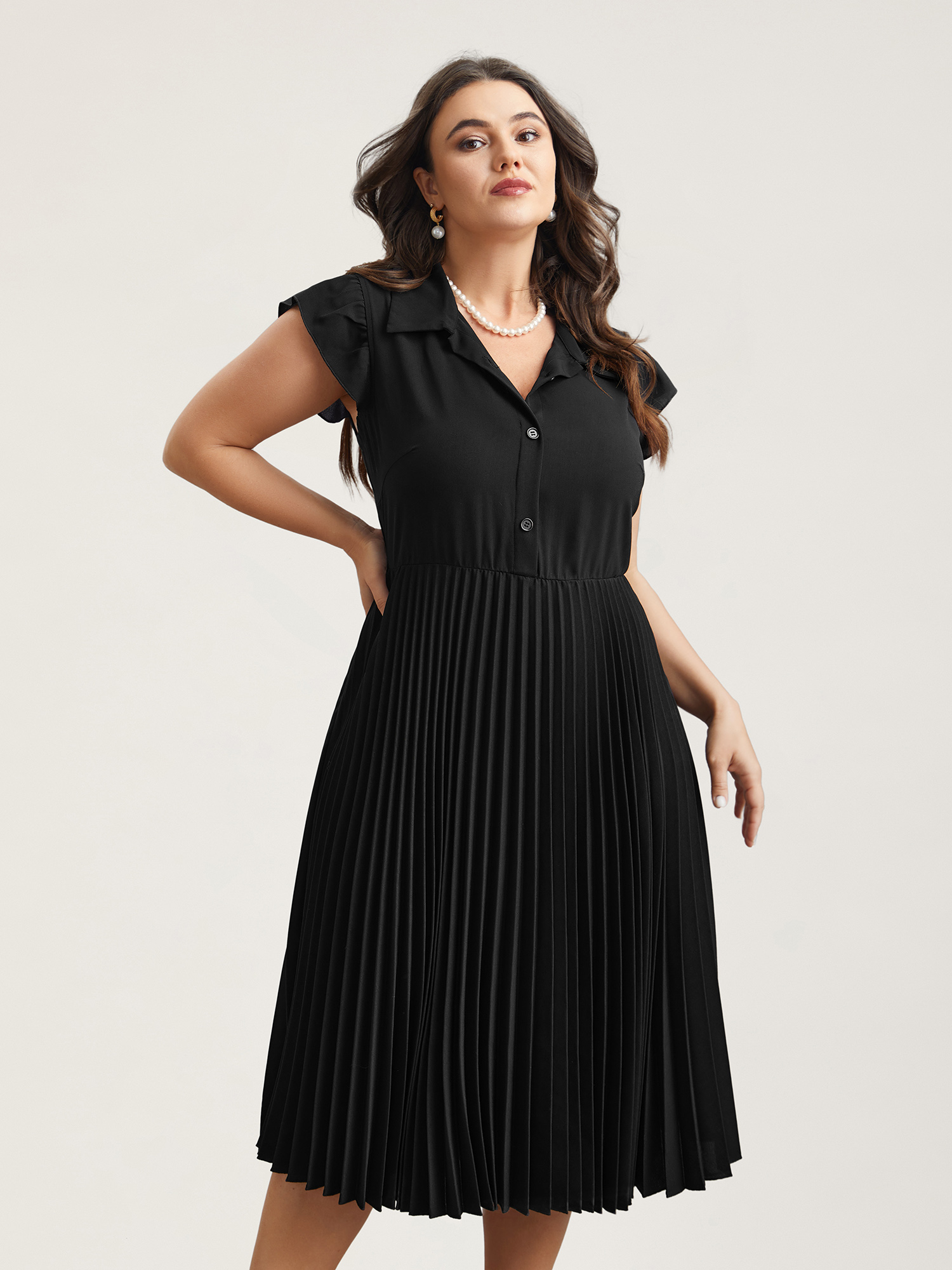 

Plus Size Pleated Shirt Collar Solid Midi Dress Black Women At the Office Pleated Shirt collar Cap Sleeve Curvy BloomChic