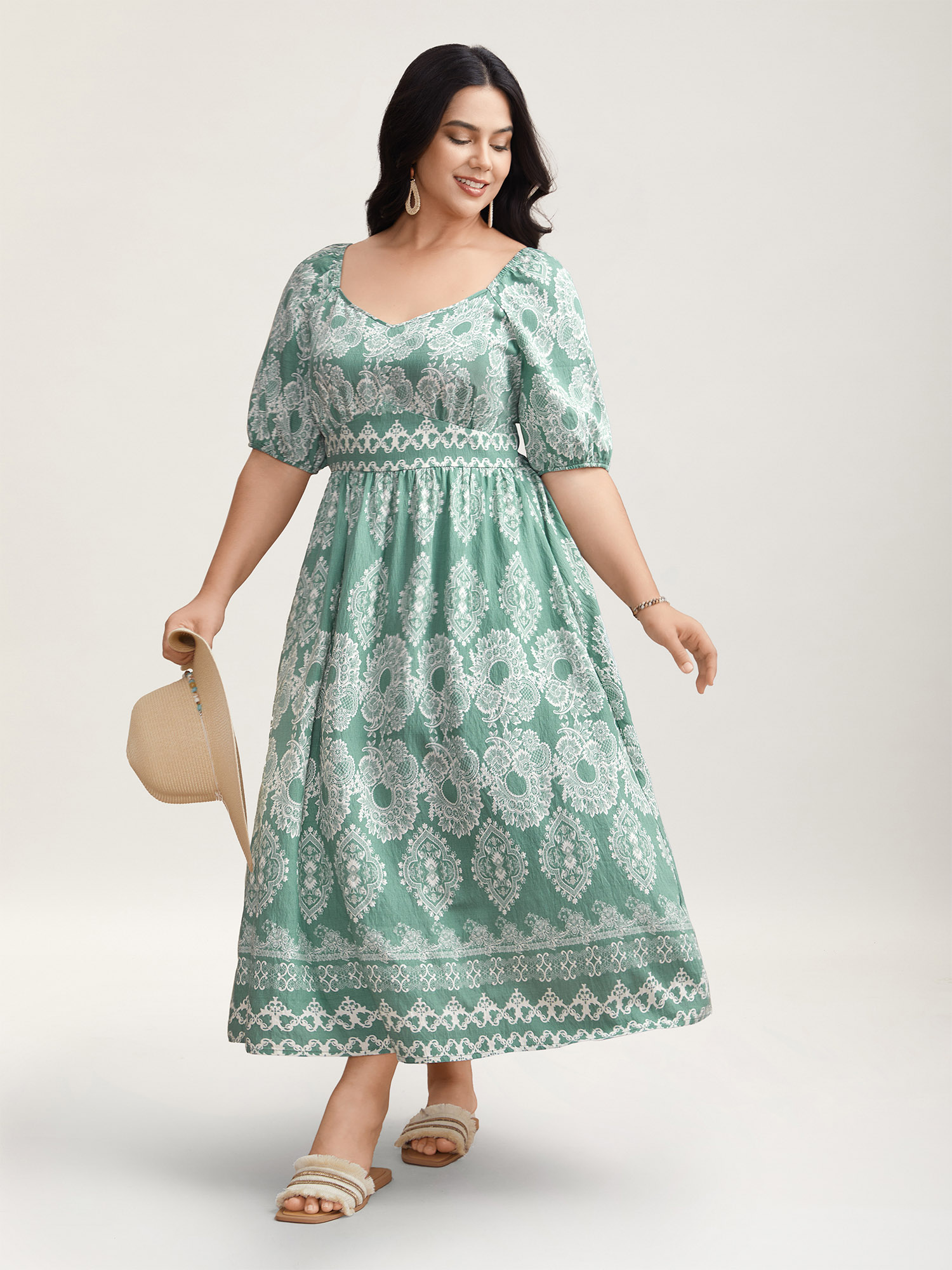 

Plus Size Boho Print Waist Defining Midi Dress Sage Women Resort Non Heart neckline Half Sleeve Curvy BloomChic