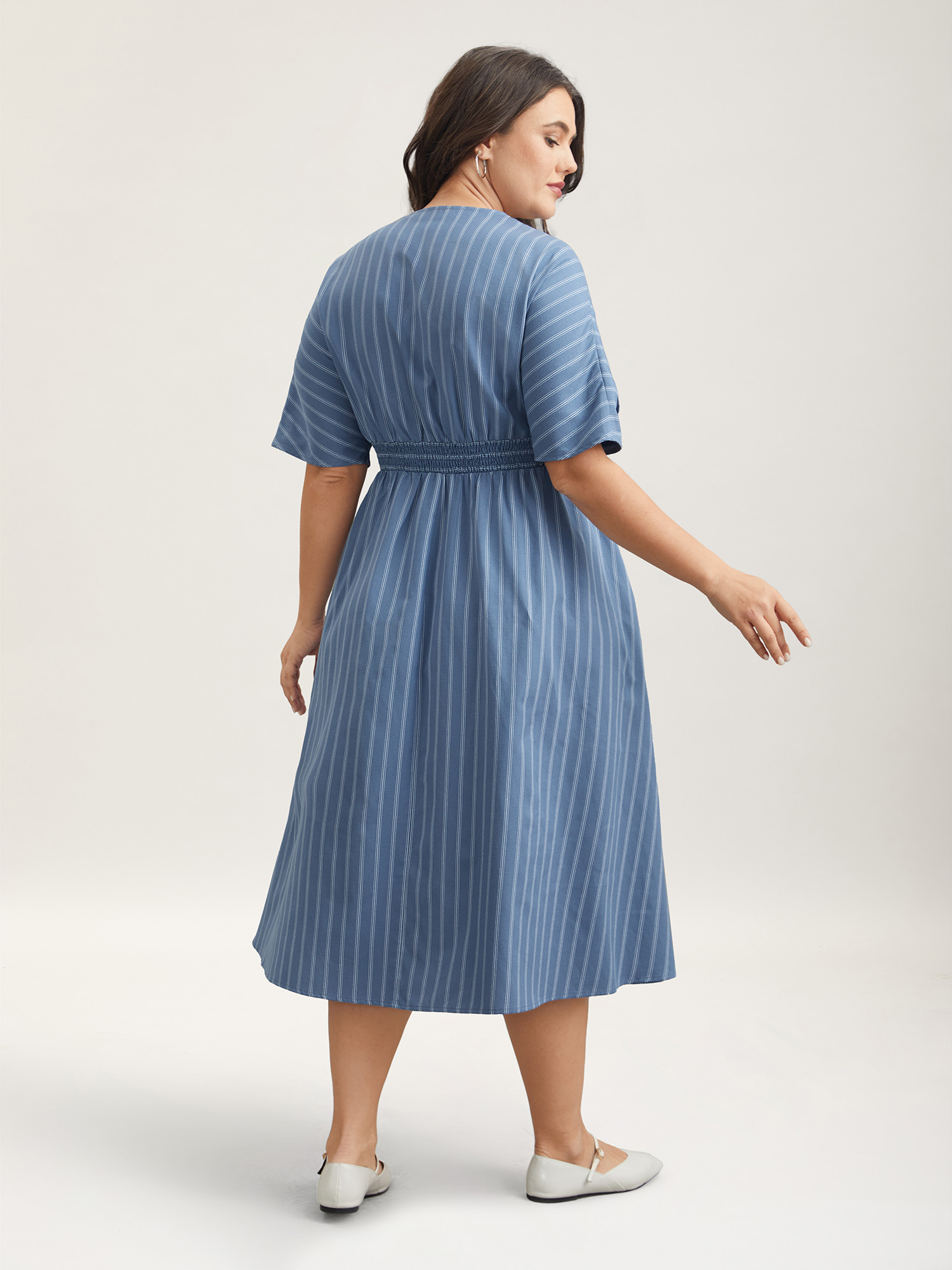 

Plus Size Striped Surplice Neckline Shirred Midi Dress Stone Women Casual Shirred Overlap Collar Short sleeve Curvy BloomChic