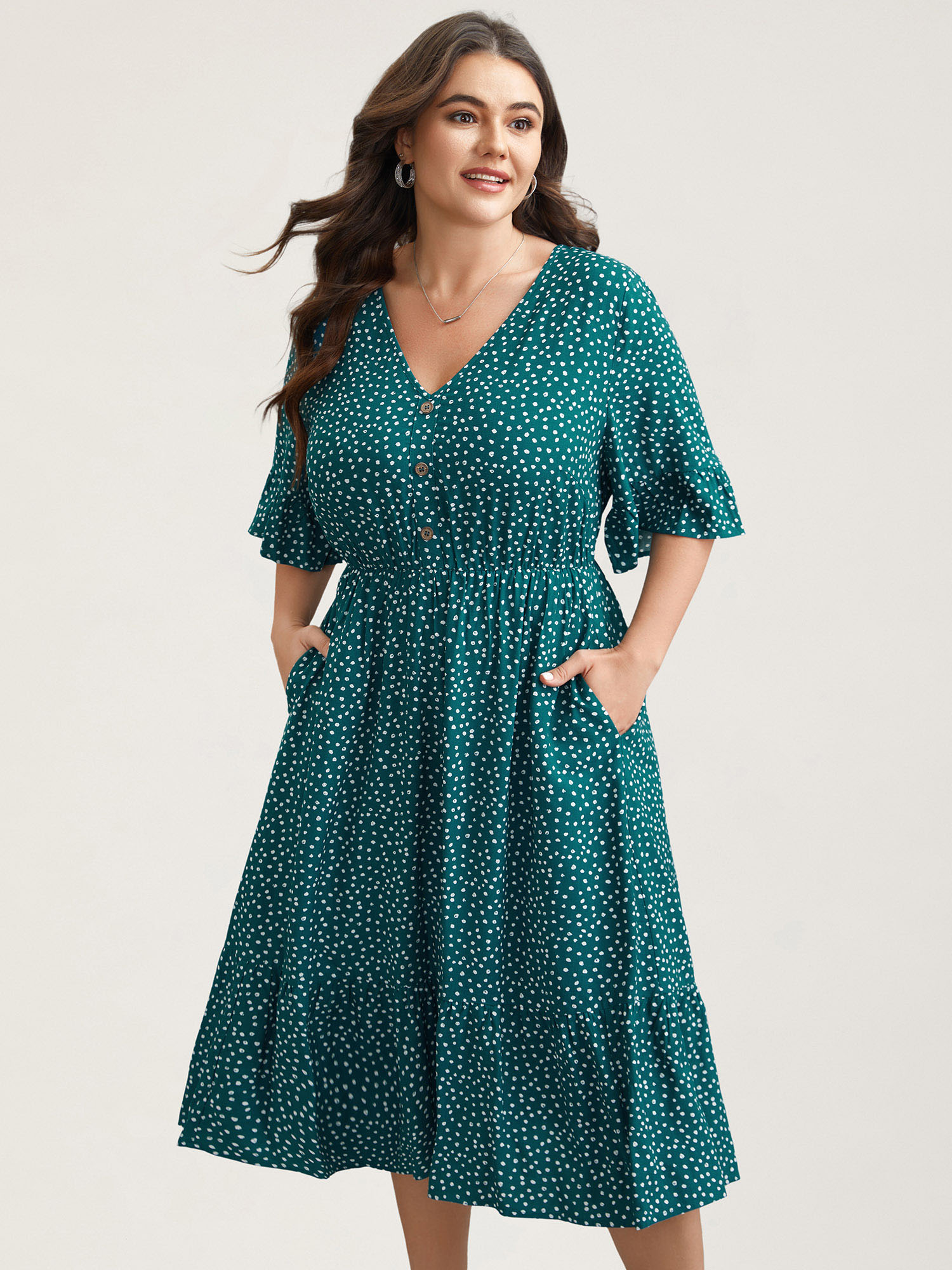 

Plus Size Button Detail Front Tiered Ruffle Sleeve Midi Dress Cyan Women At the Office Button V-neck Half Sleeve Curvy BloomChic