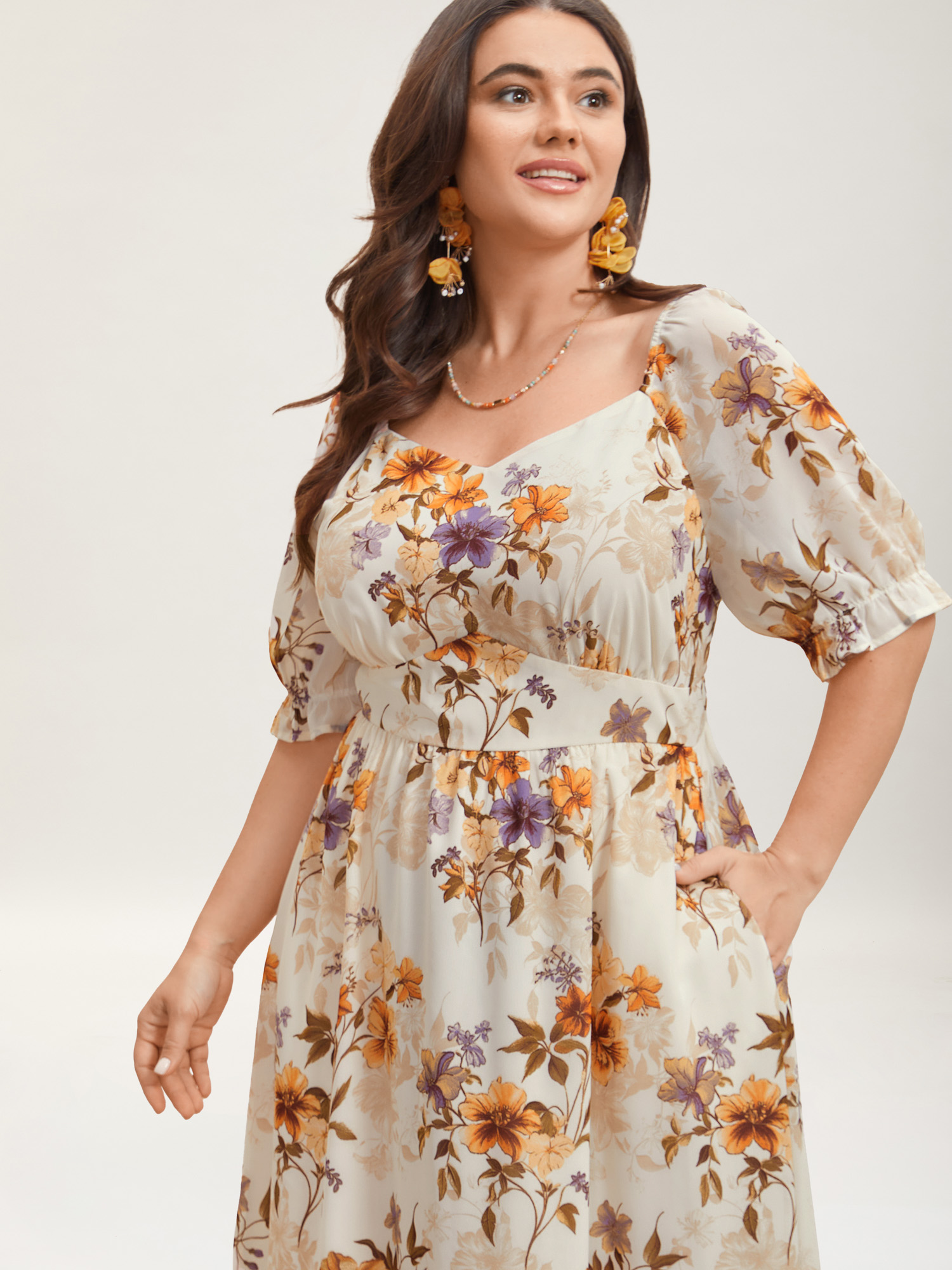 

Plus Size Chiffon Floral Waist-Cinched Maxi Dress Beige Women Elegant Gathered Heart neckline Half Sleeve Curvy BloomChic