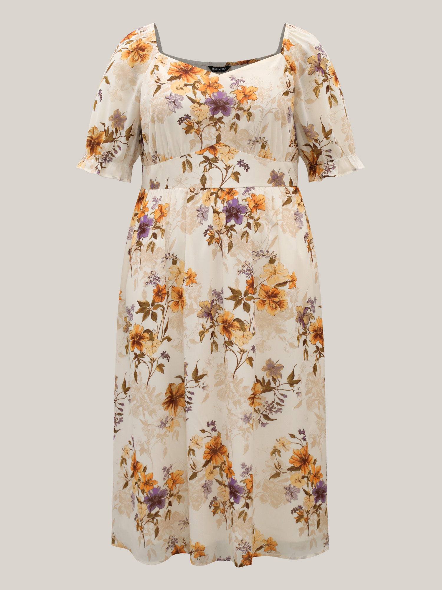 Plus Size Chiffon Floral Waist-Cinched Maxi Dress Beige Women Elegant Gathered Heart neckline Half Sleeve Curvy BloomChic 26/4X 
