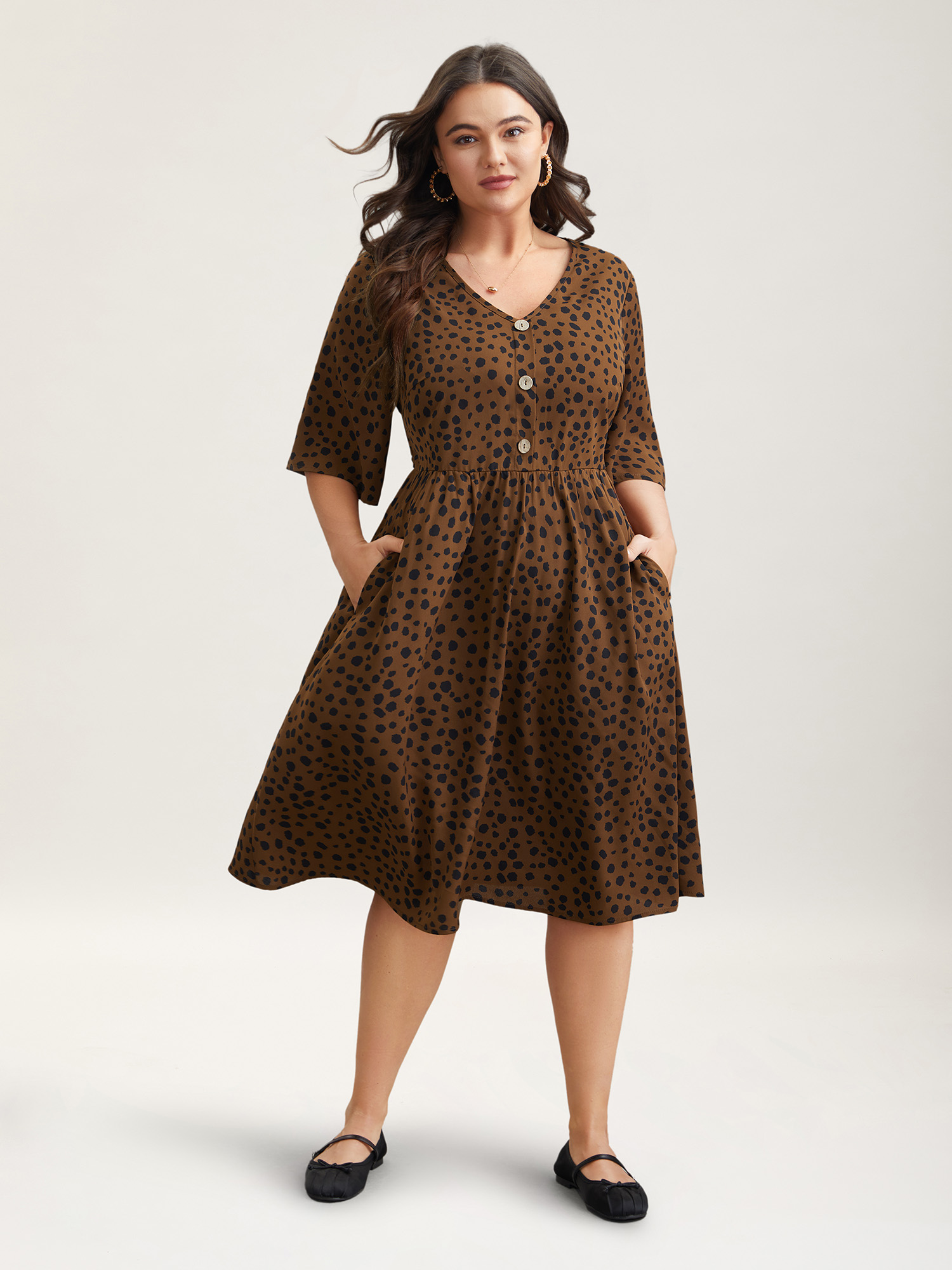 Plus Size Leopard Print Button Placket Midi Dress Browncoffeecolor Women Casual Button V-neck Half Sleeve Curvy BloomChic 18-20/2X 