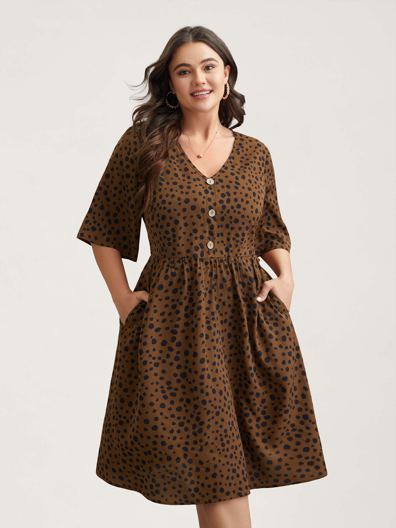 Plus Size Leopard Print Button Placket Midi Dress Browncoffeecolor Women Casual Button V-neck Half Sleeve Curvy BloomChic 18-20/2X 