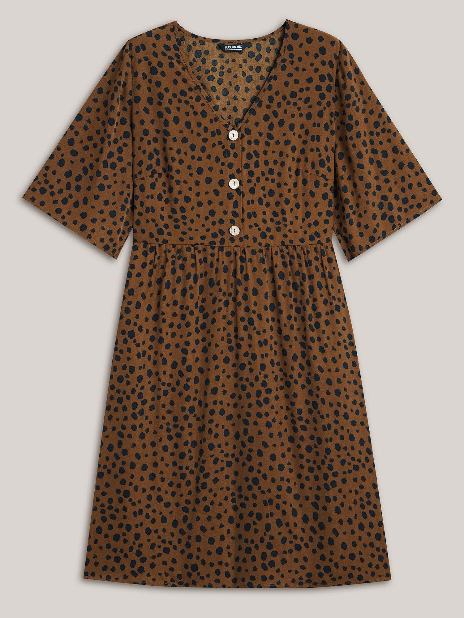 Plus Size Leopard Print Button Placket Midi Dress Browncoffeecolor Women Casual Button V-neck Half Sleeve Curvy BloomChic 18-20/2X 